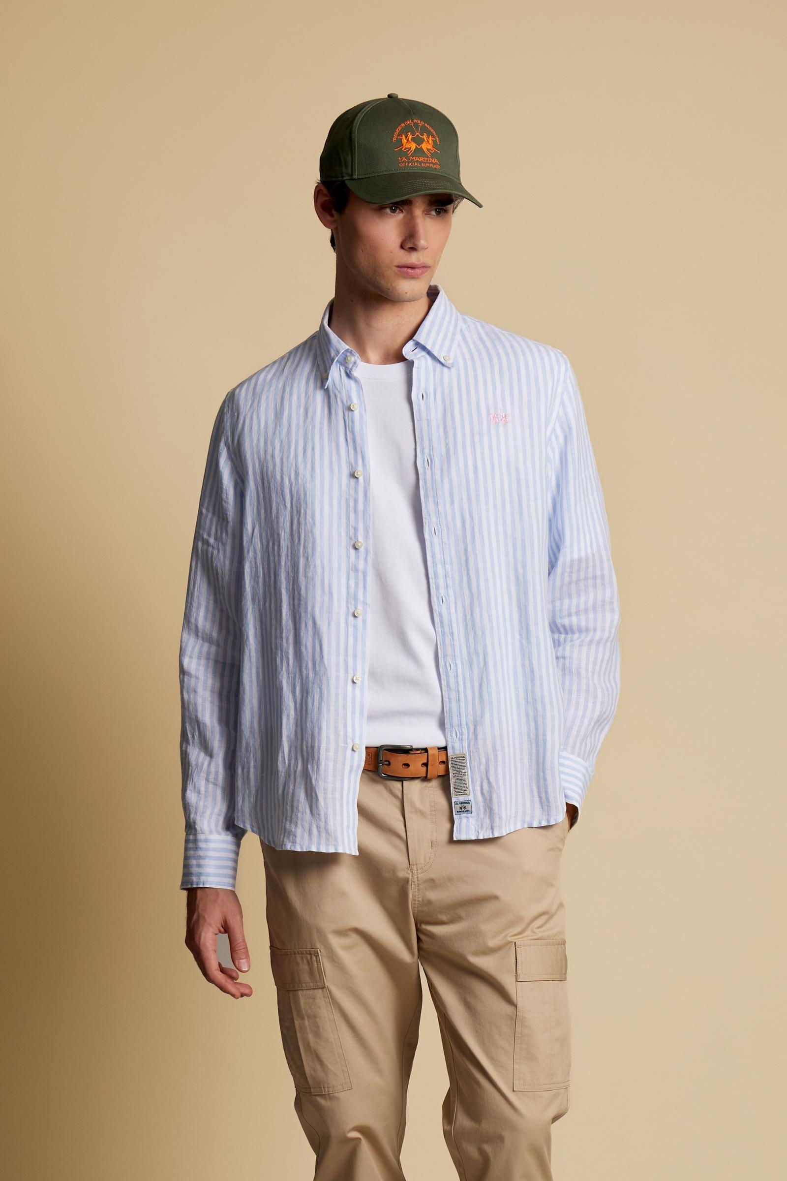 Men’s striped linen long-sleeve shirt with button-down collar. Regular fit and contrast embroidered logo on the chest. - Skyway/Optic White                                                                                                                                                                                                                                                                                                                                                                                     