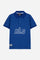 Short-sleeved polo shirt for boys made from 100% cotton jersey in a solid colour. The classic design features a ribbed collar and sleeve cuffs, a two-button front closure and contrast grosgrain tape inside the collar. Maxi lettering graphics on the front and back give the garment a bold look. The number “3” printed on the sleeve and the logo on the chest complete the style. - Surf The Web (Royal)