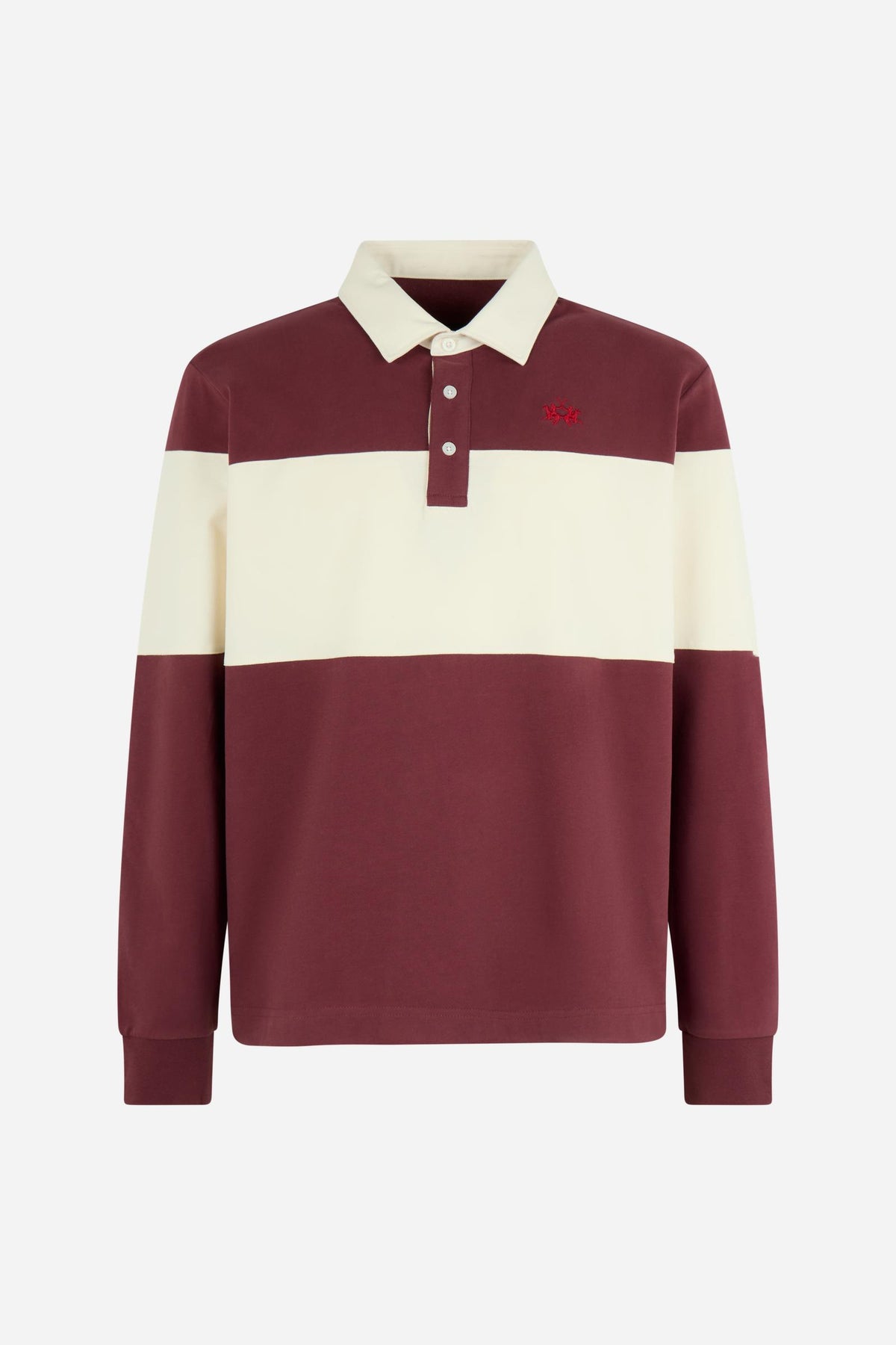Men's long-sleeve polo in heavy 100% cotton jersey with two-tone collegiate color block, rugby construction, contrasting collar, and embroidered logo for comfor - Port Royale/Pristine