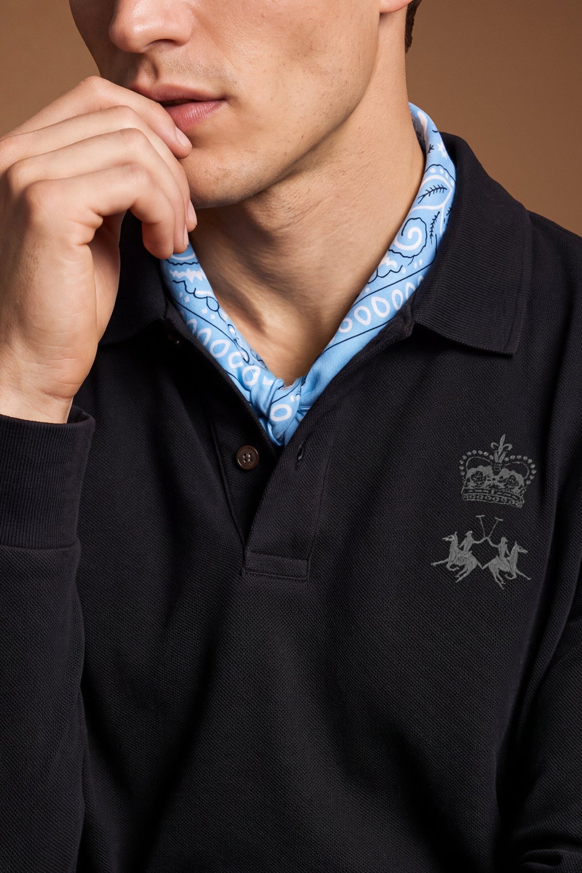 Men's long-sleeve cotton piqué polo with ribbed collar and cuffs, reinforced elbow patches, embroidered details, and a comfortable regular fit for lasting style. - Black