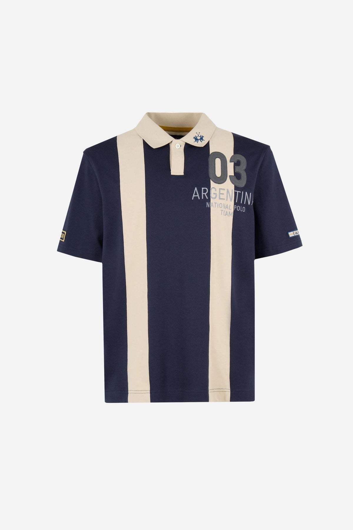 Men's short-sleeve polo in heavy 100% cotton with wide contrasting stripes, knitted collar, two-button placket, relaxed fit, and bold chest embroidery. - Navy Blazer