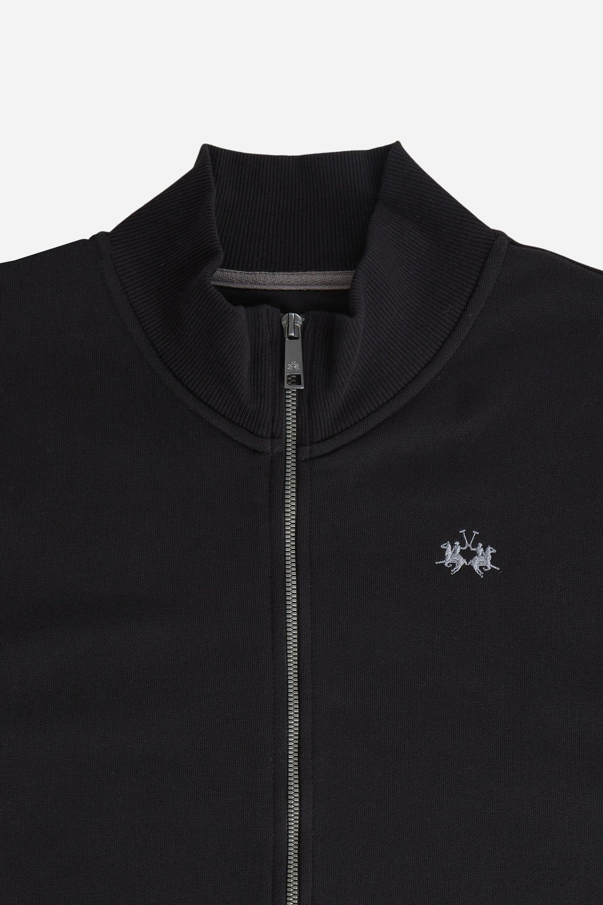 Men's 100% cotton fleece sweatshirt with a high collar, customized zipper, ribbed cuffs and hem, regular fit, and a subtle embroidered logo for comfort and style. - Black