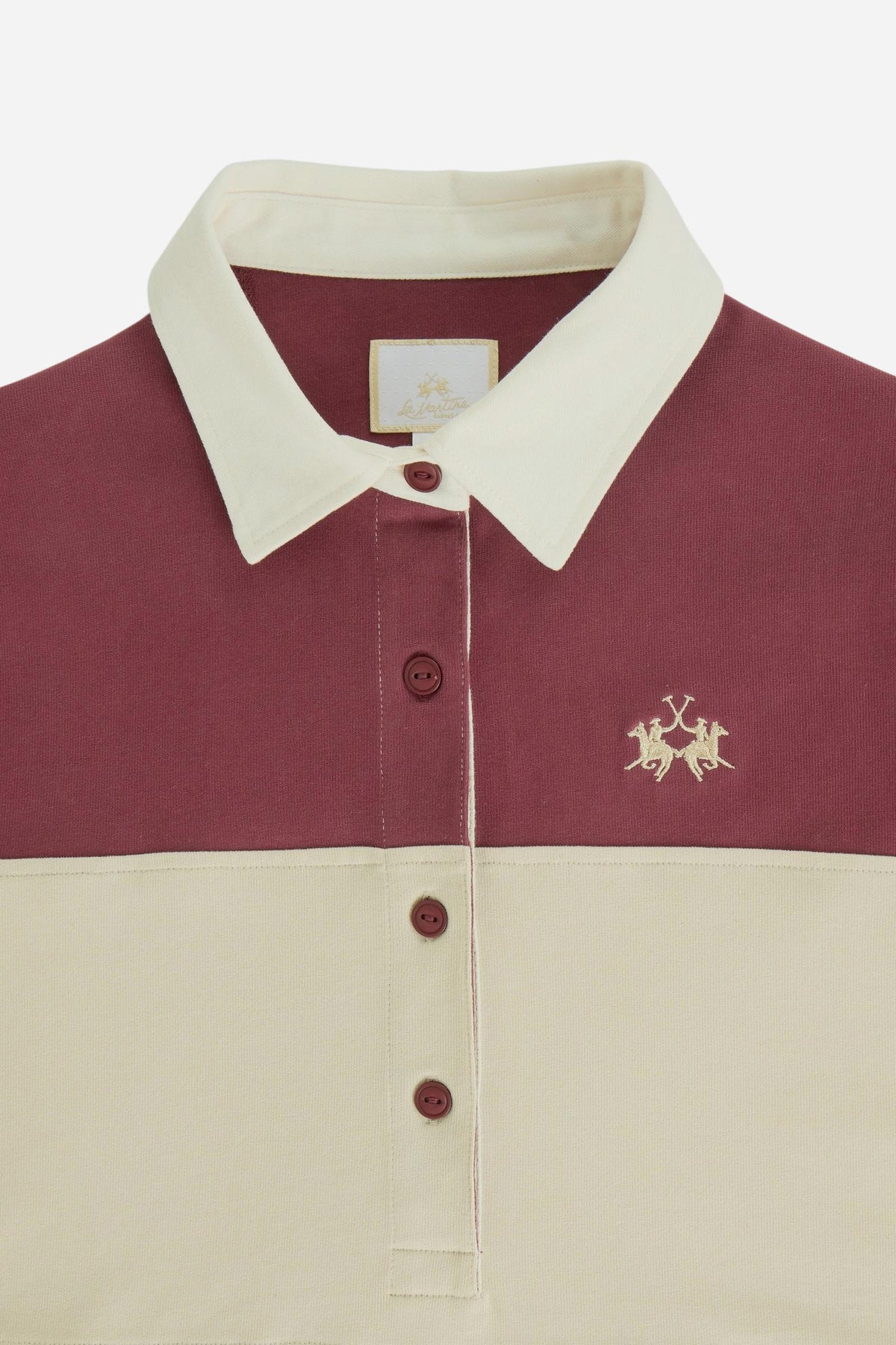 Women's long-sleeve polo in heavy 100% cotton jersey, featuring a contrast gabardine collar, double twill placket, color block stripes, and embroidered logo. - Port Royale/Pristine