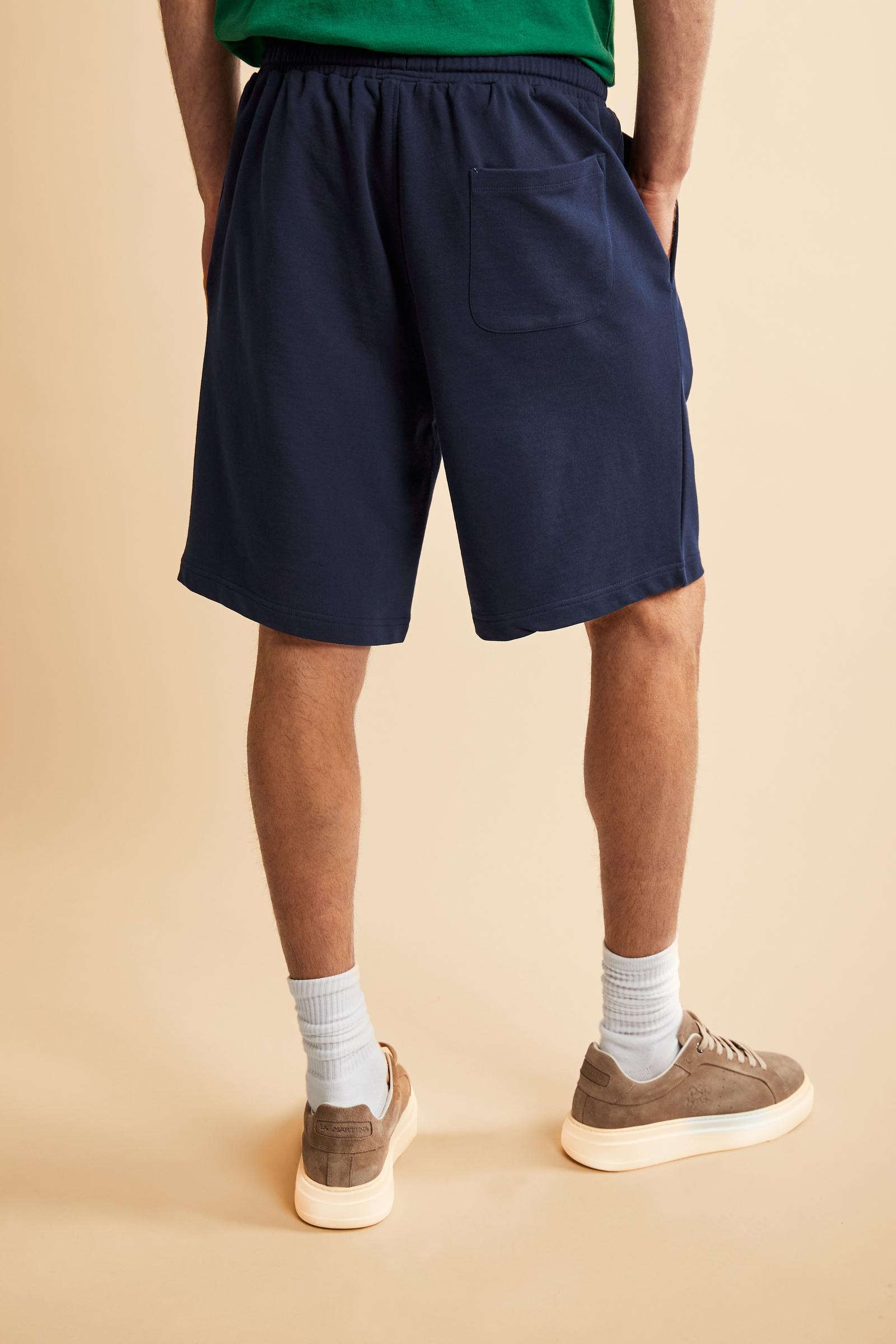 Men's bermuda shorts in soft 100% cotton fleece with a relaxed cut, elastic waistband, adjustable drawstring, and 3D embroidered maxi logo for comfort and style - Navy