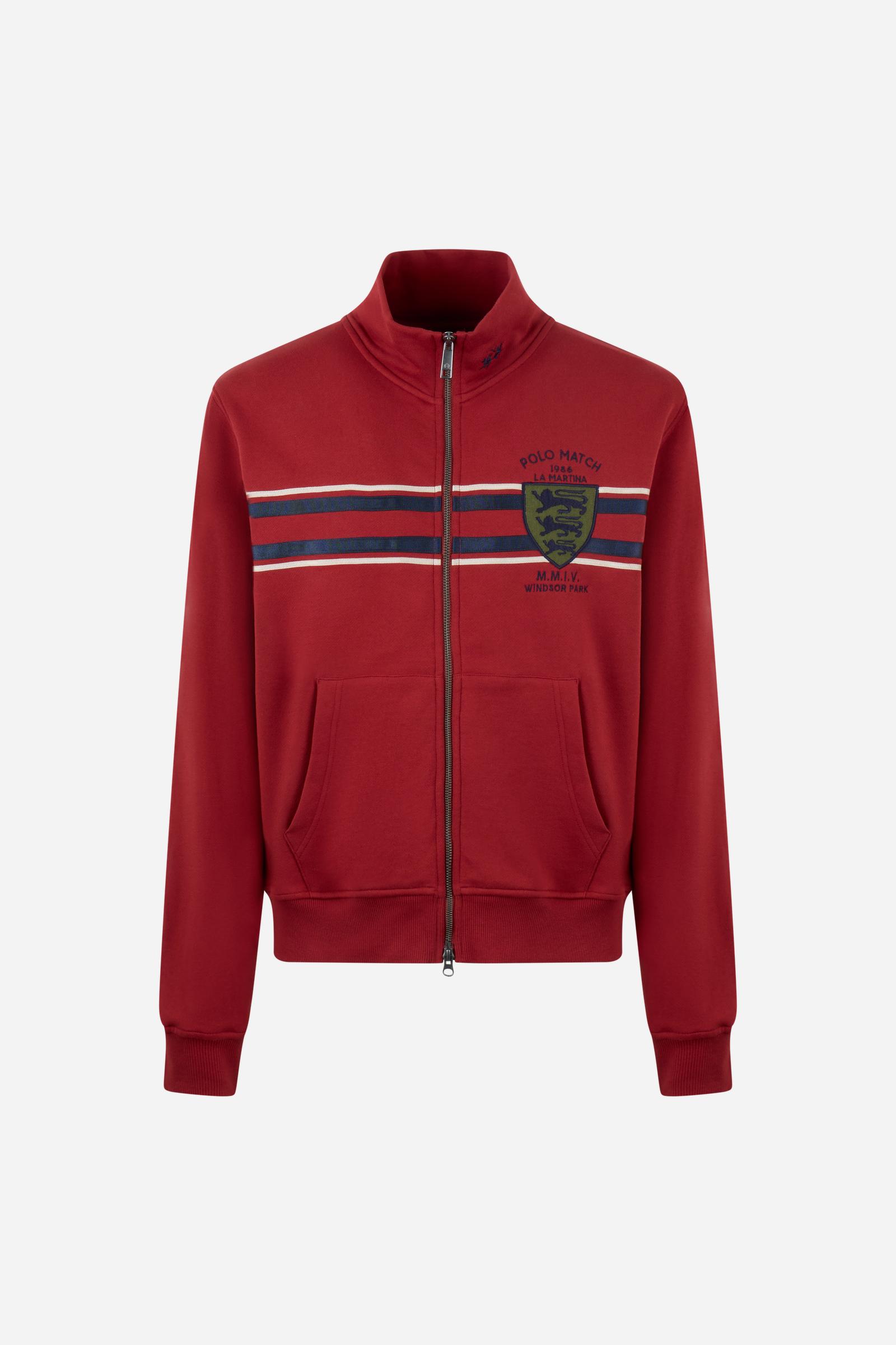 Men's long-sleeve sweatshirt in soft cotton with high double-layer collar, front zipper, ribbed cuffs, kangaroo pockets, and striking red, black, white stripes. - Red Dahlia