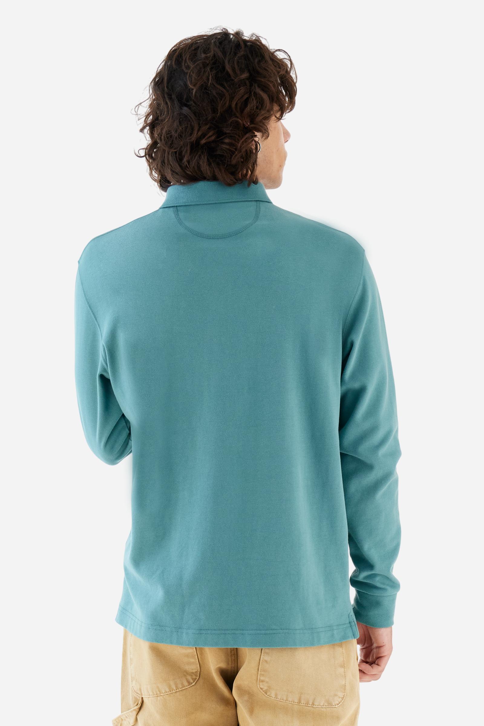 Men’s long-sleeve polo in premium soft-touch cotton jersey for a luxurious feel on the skin. Contrast gabardine details on the collar. Upper collar in tone-on-tone ribbing with printed La Martina lettering undercollar. Three customized buttons, enhanced by a multicolor striped tape on the placket. Contrast embroidered team logo on the chest. Regular fit. Model wears size L. - Sagebrush Green