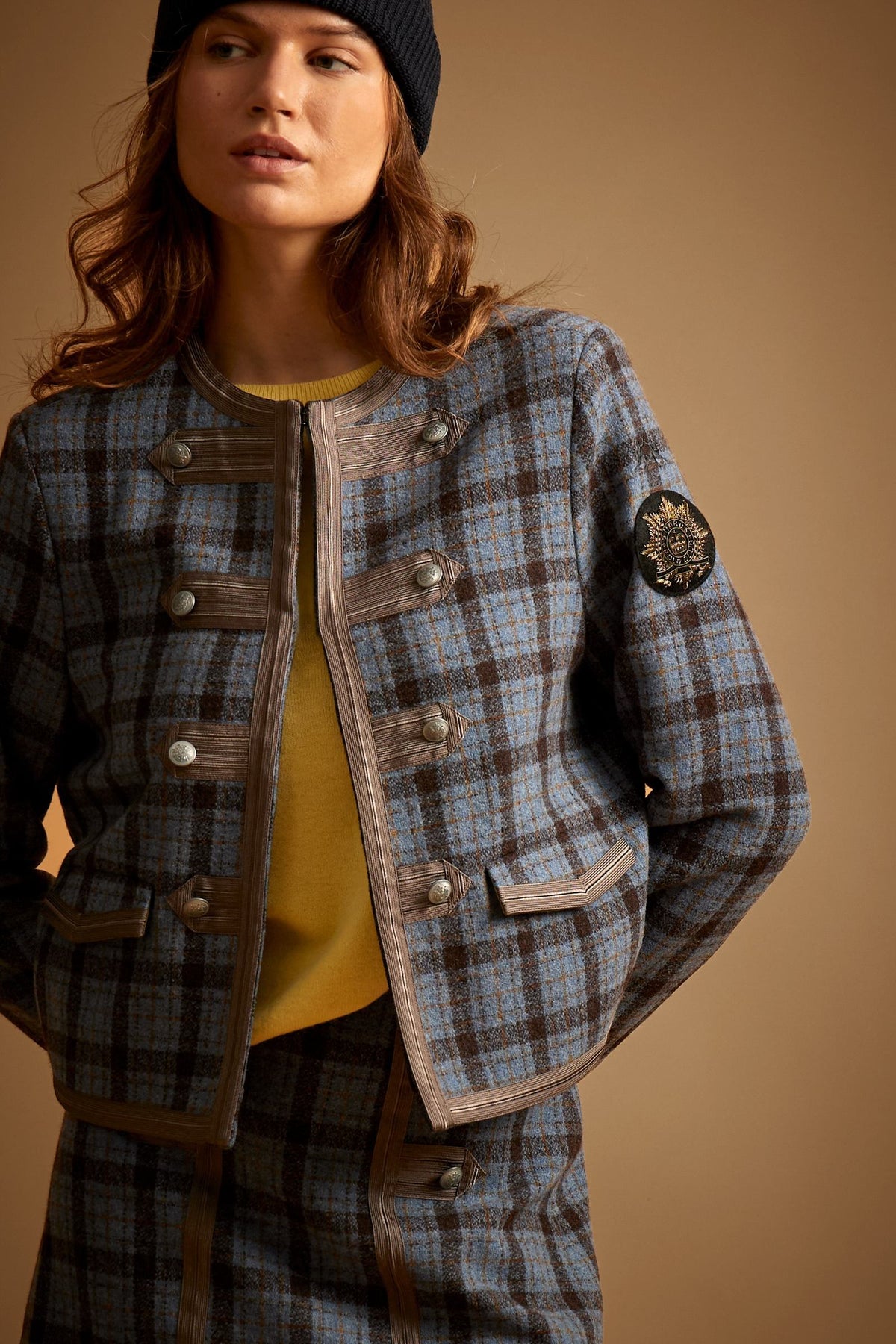 Short women's jacket in wool felt with plaid pattern - Dane