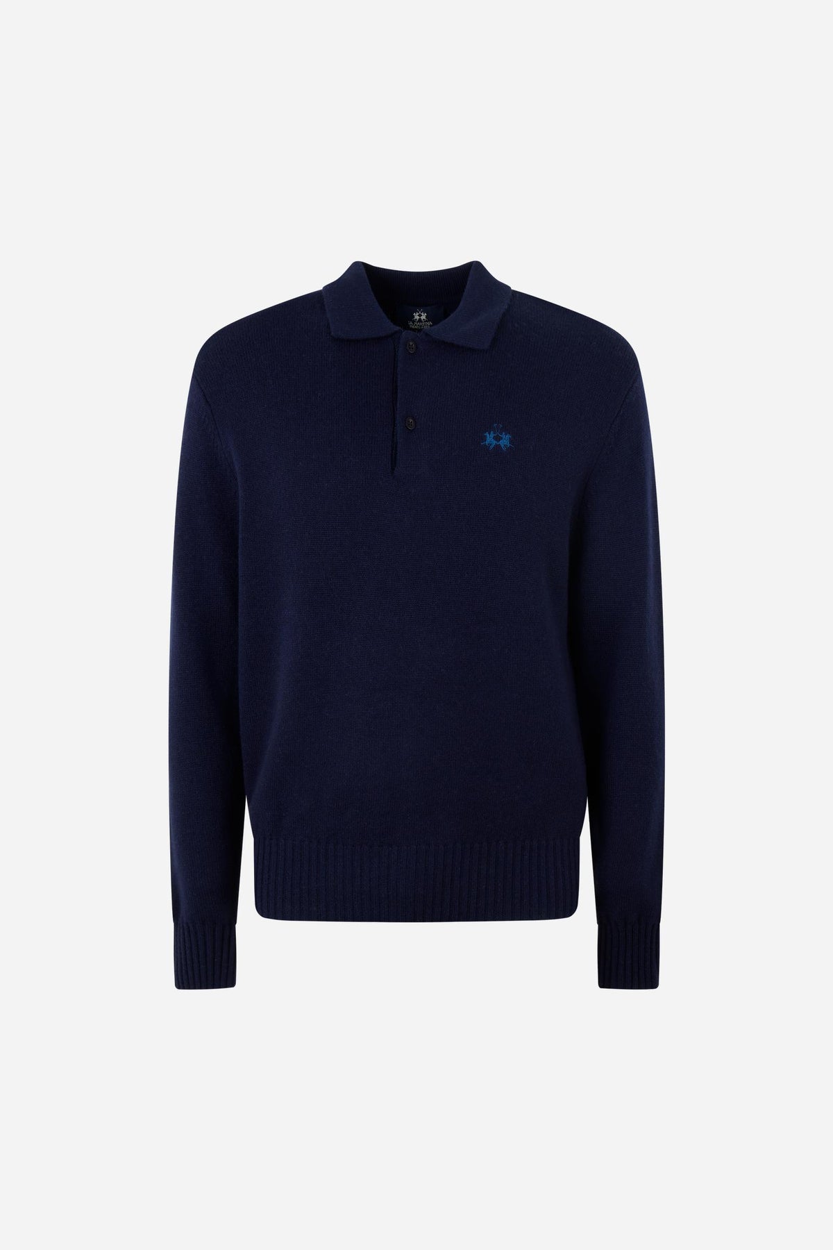 Men's knitted polo in cotton-wool blend with regular fit, ribbed cuffs and hem, classic collar, 2-button front, and subtle embroidered chest logo. - Navy