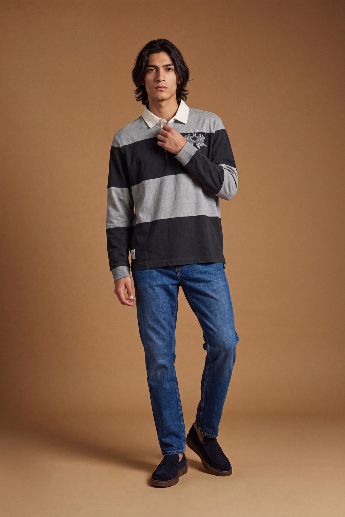 Men's long-sleeve polo made from heavy 100% cotton with a modern fit, dropped shoulders, wide rugby stripes, contrasting gabardine collar, and bold logo details. - M.H.Grey/Navy Blazer