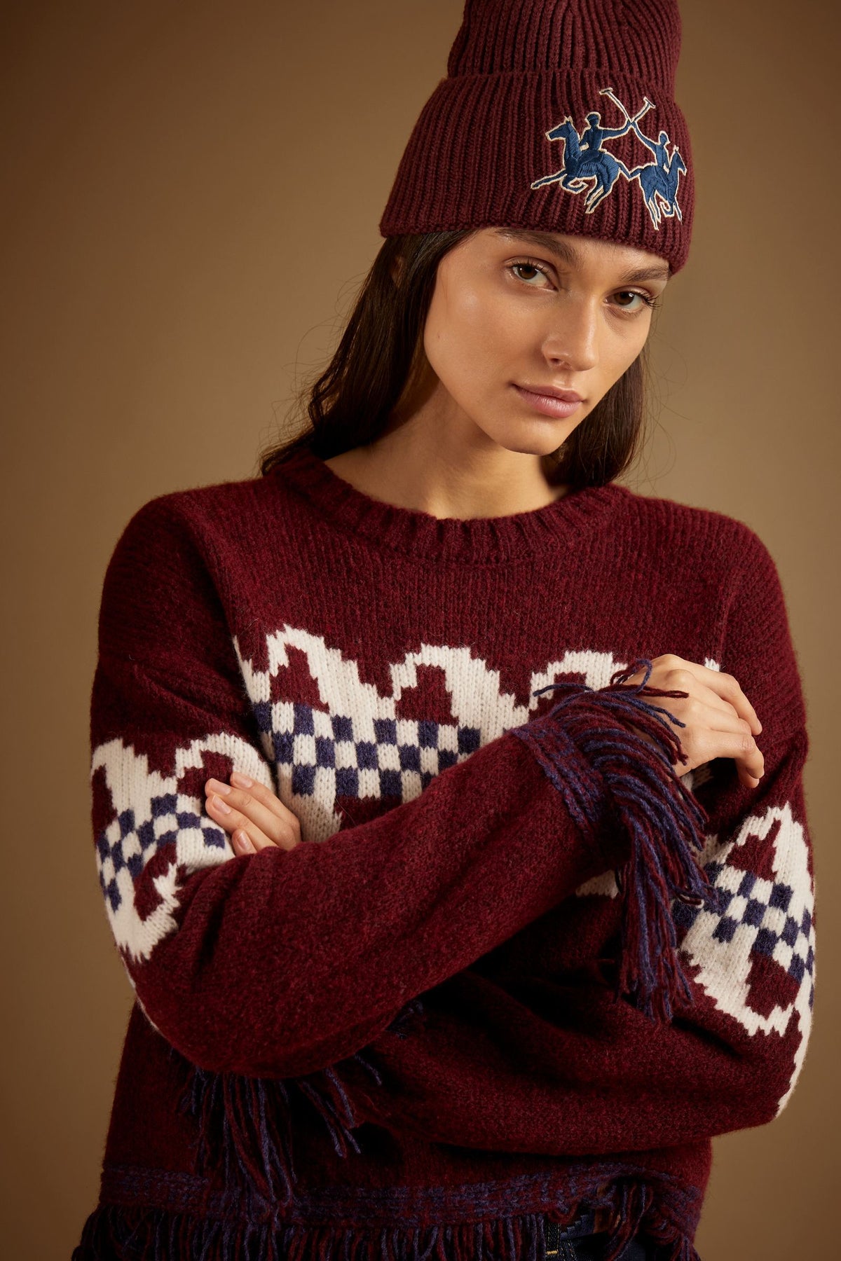 Damen Rundhalsausschnitt Pullover mit Jacquard-Muster und Fransen - Edvige
