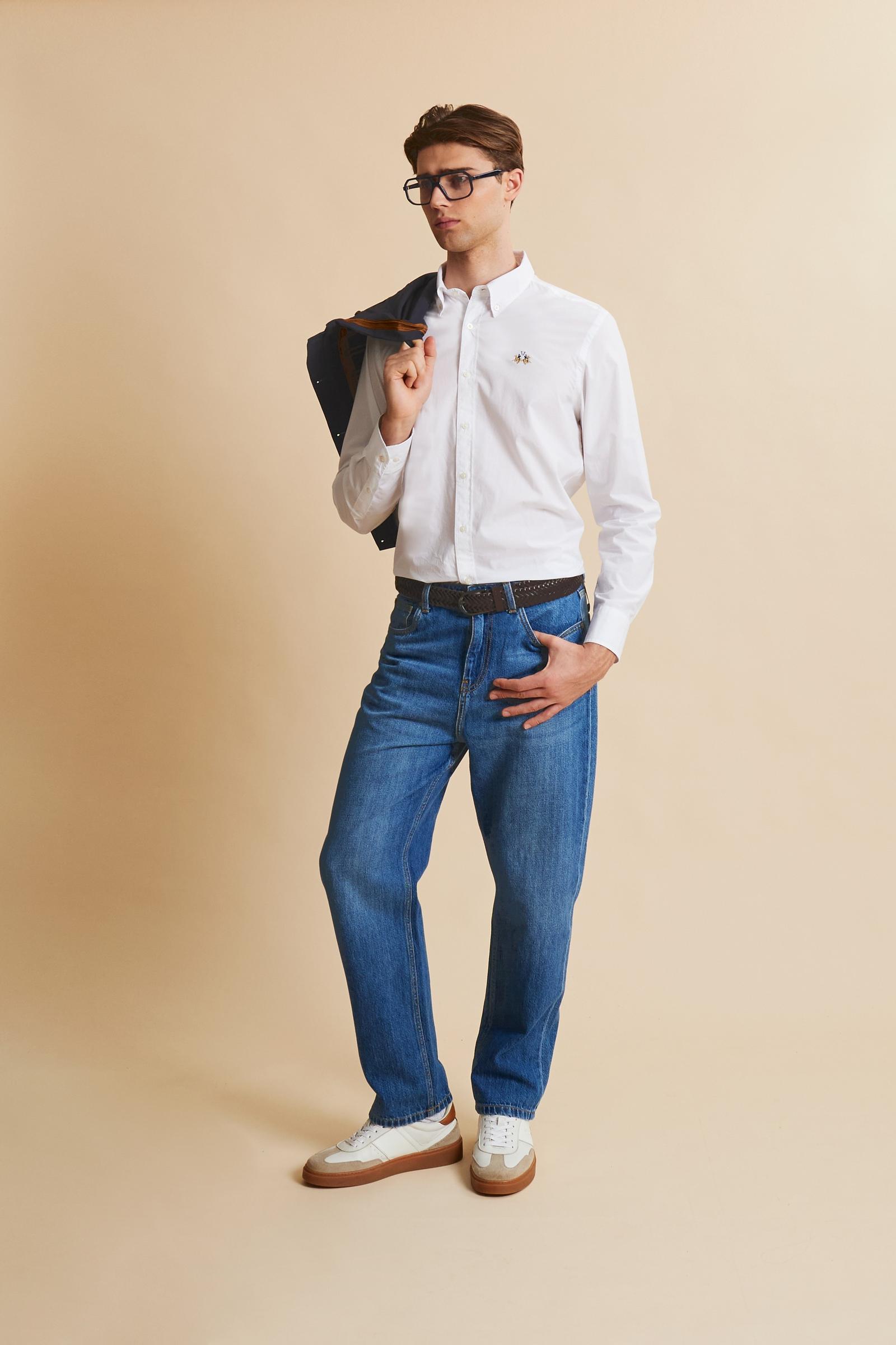 Men’s long-sleeve garment-dyed cotton poplin shirt. Regular fit with button-down collar and tricolor embroidered logo on the chest. - Optic White                                                                                                                                                                                                                                                                                                                                                                               
