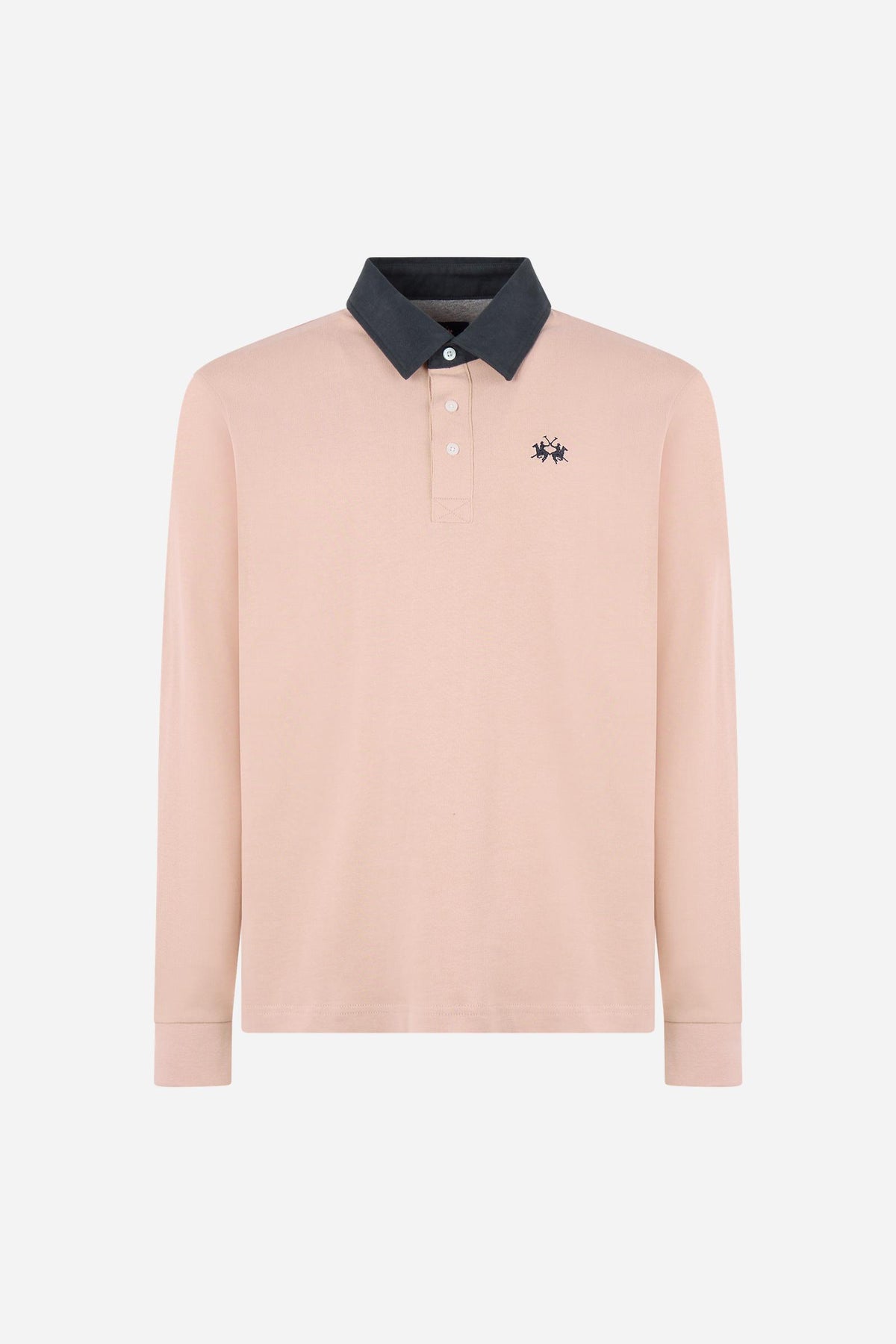 Men's long-sleeve polo made from heavy cotton jersey with ribbed cuffs, contrasting gabardine collar, embroidered logo, and a comfortable regular fit. - Pale Mauve