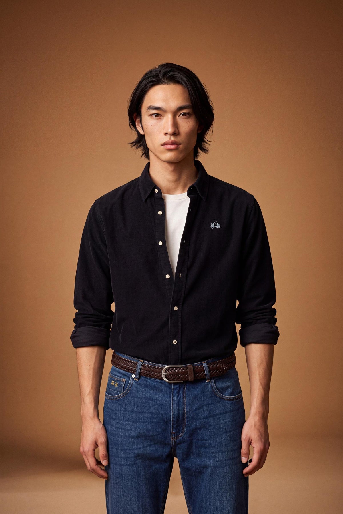 Men’s long-sleeve shirt in soft 100% cotton velvet with regular fit, front button closure, embroidered logo, and a comfortable regular collar for all-day wear. - Black