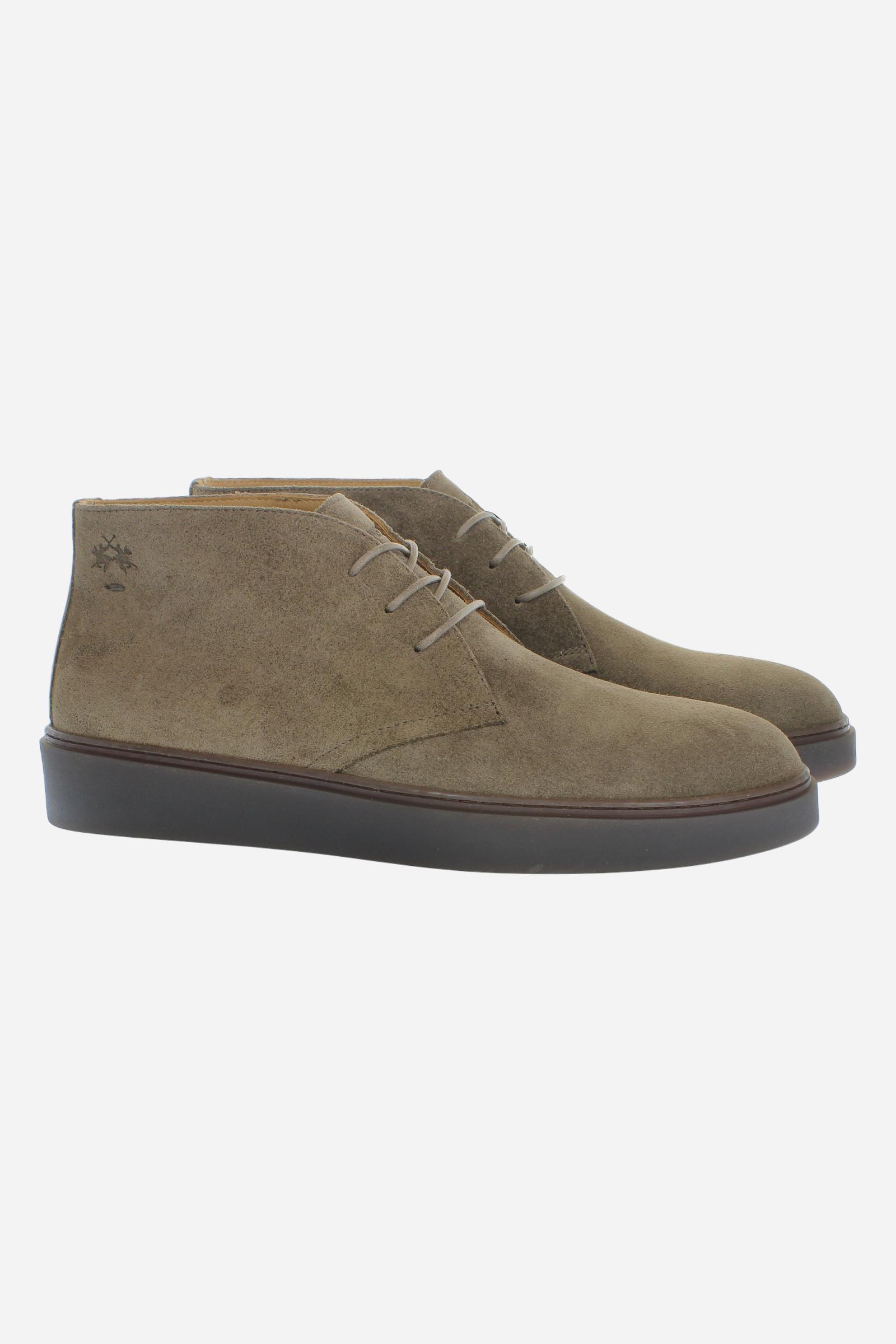 Men’s high-top suede shoes with visible stitching, embossed logo, and brown rubber sole for comfort and style. Crafted in Italy for casual and semi-formal wear. - Taupe Gray