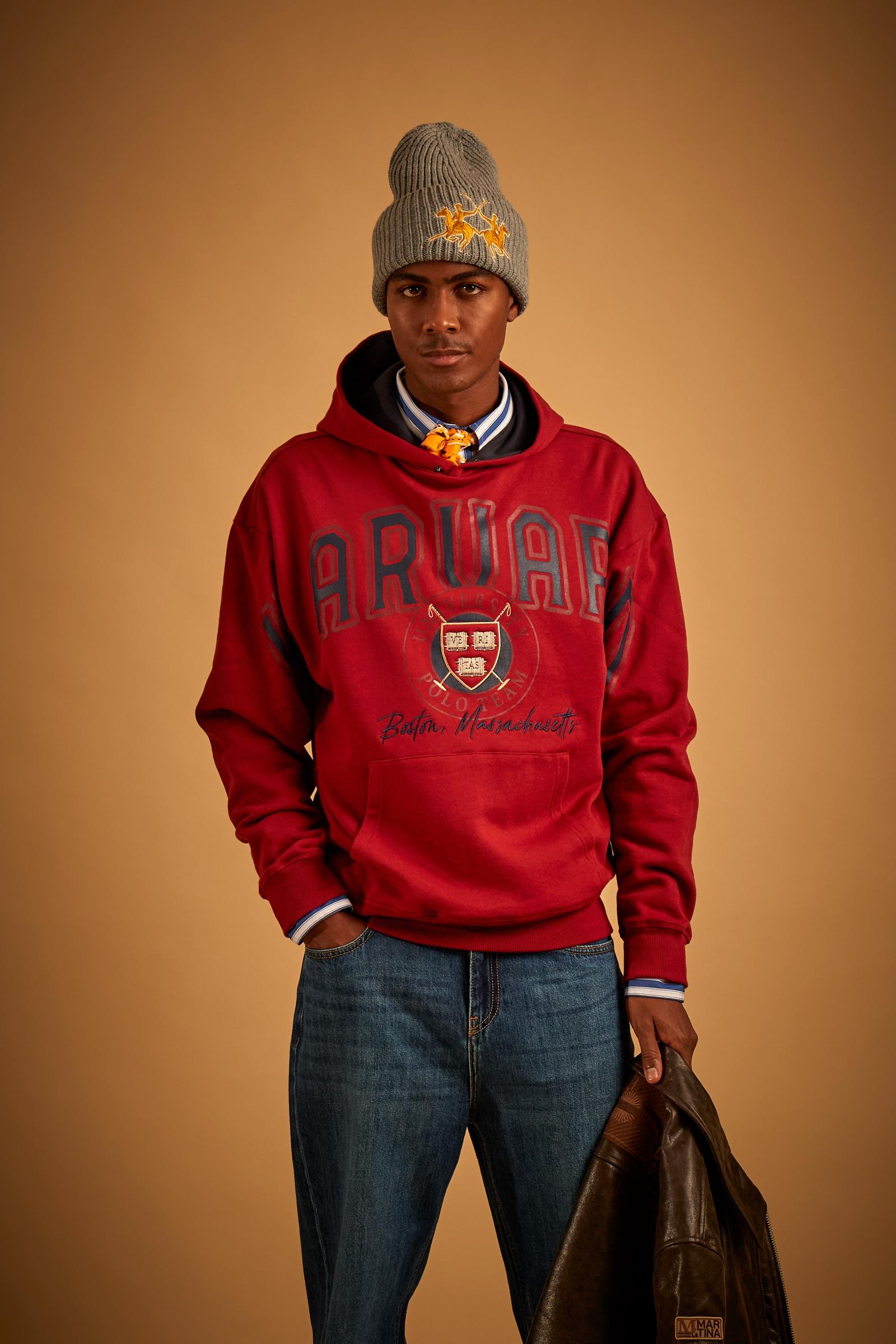 Men's sweatshirt with hood, brushed cotton, Harvard - Dubh