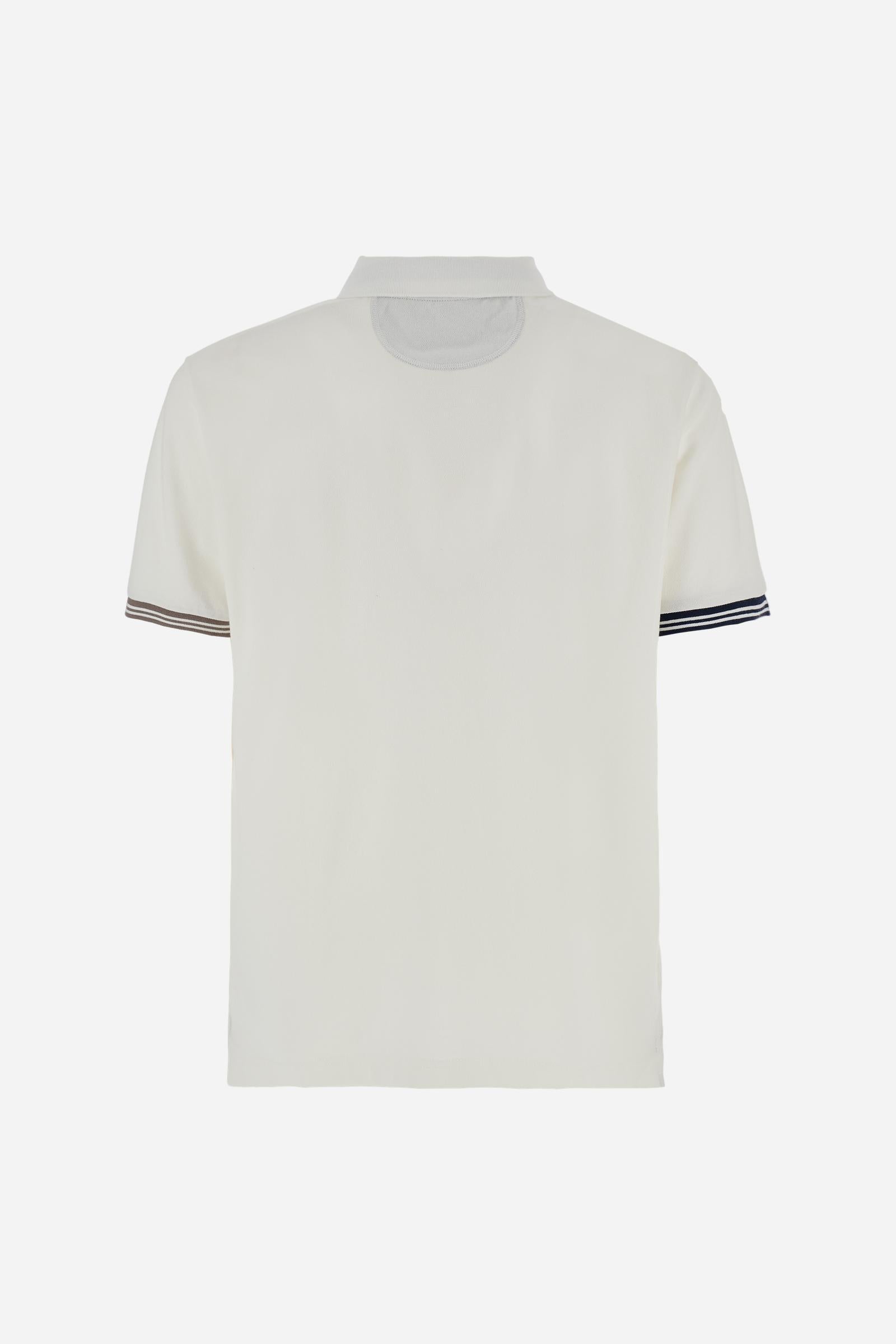 Men’s short-sleeve polo in high-quality stretch cotton piqué, ensuring excellent breathability and flexibility. Classic ribbed collar, two-button placket with customized buttons. Inner collar enriched with contrast tapes and colors for a modern touch. Multicolored ribbed cuffs with different patterns. Small contrast logo embroidered on the chest. Regular fit. Model wears size L. - Off White