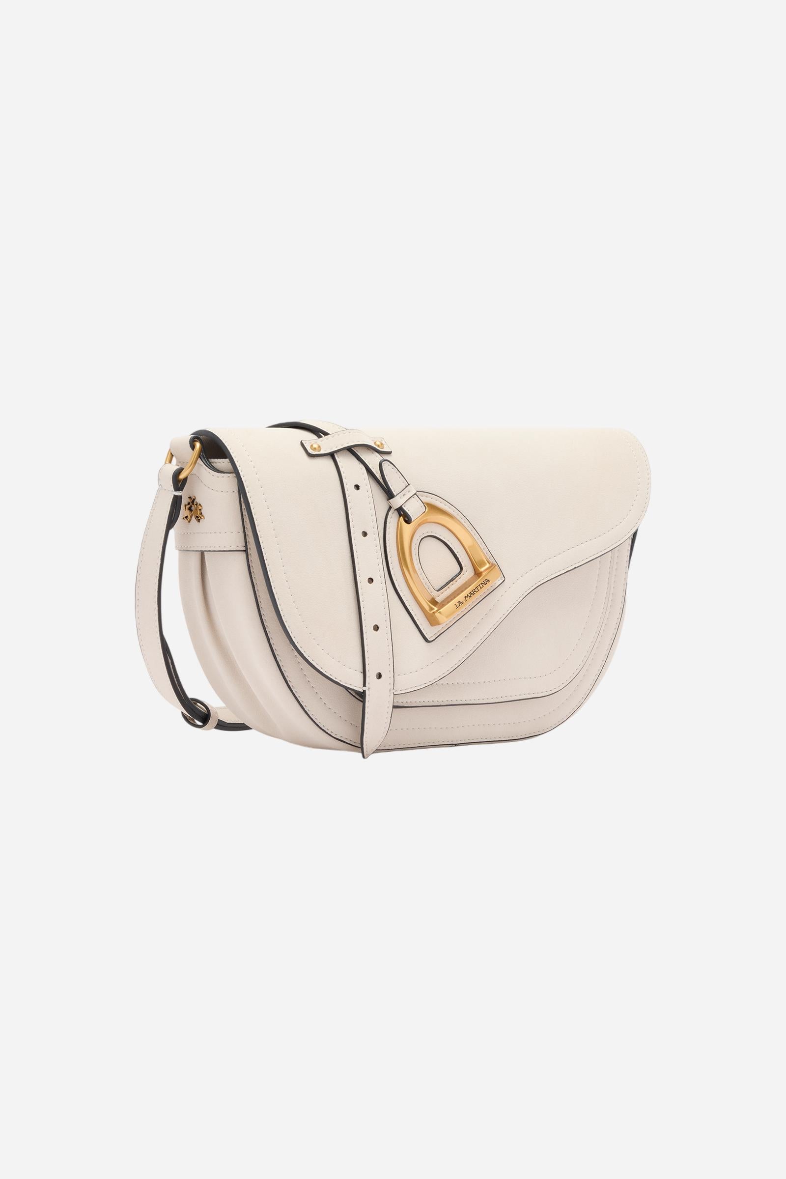 Small crossbody bag in nubuck. Compact and velvety, with flap and golden metal logo buckle. - MASTIC