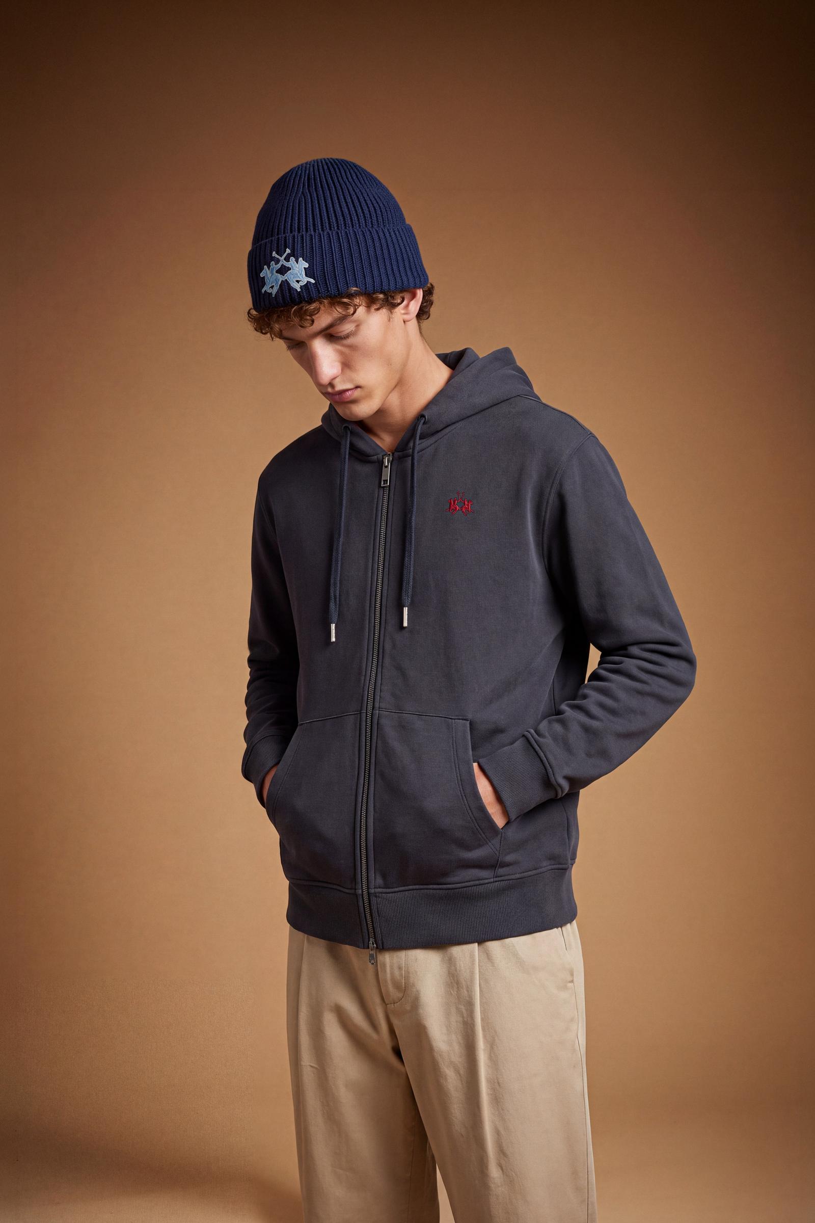 Men's long-sleeve sweatshirt in 100% cotton brushed fleece with adjustable hood, front zipper, kangaroo pockets, ribbed cuffs, and a relaxed fit for comfort. - Navy Blazer