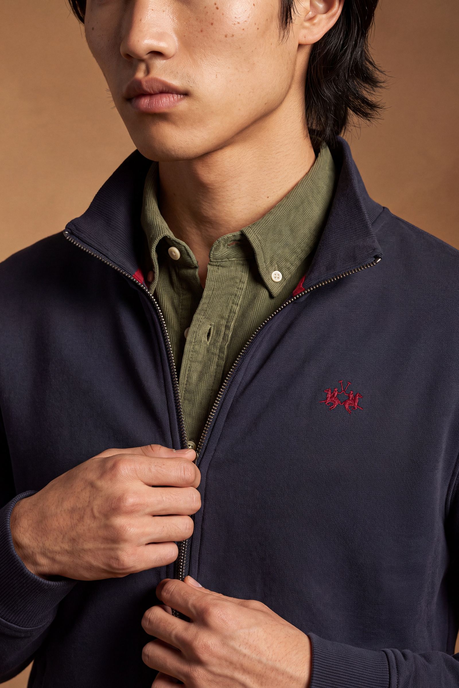 Men's 100% cotton fleece sweatshirt with a high collar, customized zipper, ribbed cuffs and hem, regular fit, and a subtle embroidered logo for comfort and style. - Navy Blazer