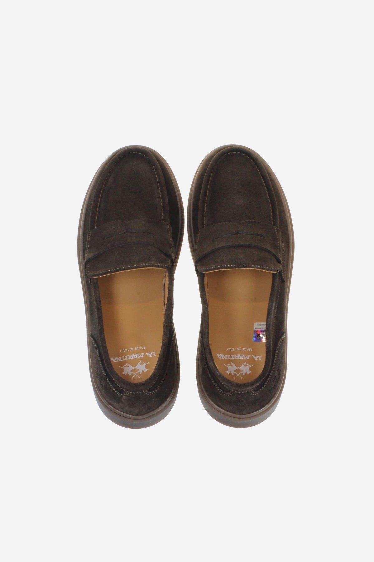 Men's suede loafer with glove stitching, embossed logo, and brown rubber sole for comfort and style. Handcrafted in Italy for casual and semi-formal wear. - Dark Brown