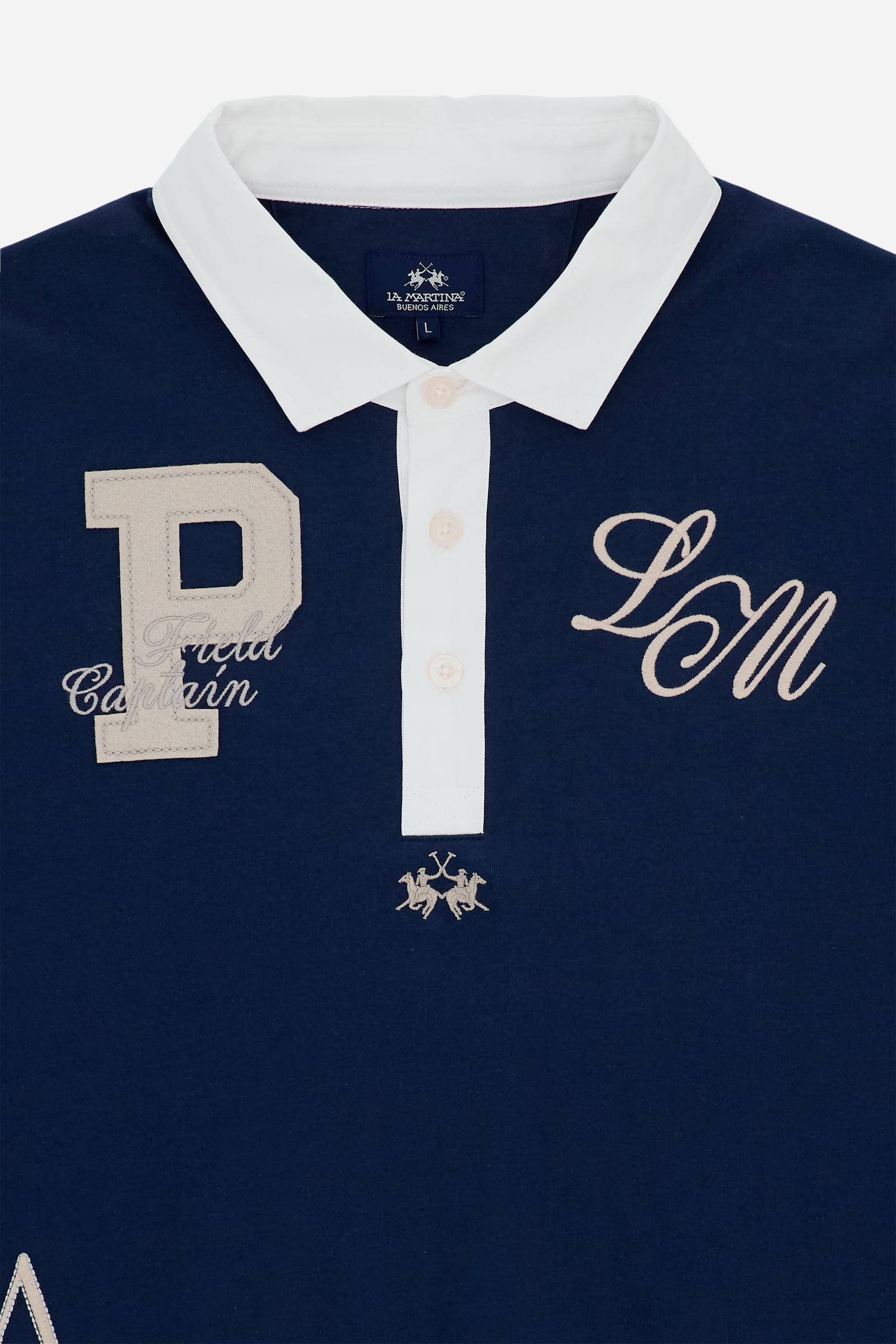 Men’s long-sleeve rugby polo in heavy cotton jersey with contrast panels. Refined mix of patches and embroidery. - Navy                                                                                                                                                                                                                                                                                                                                                                                                         