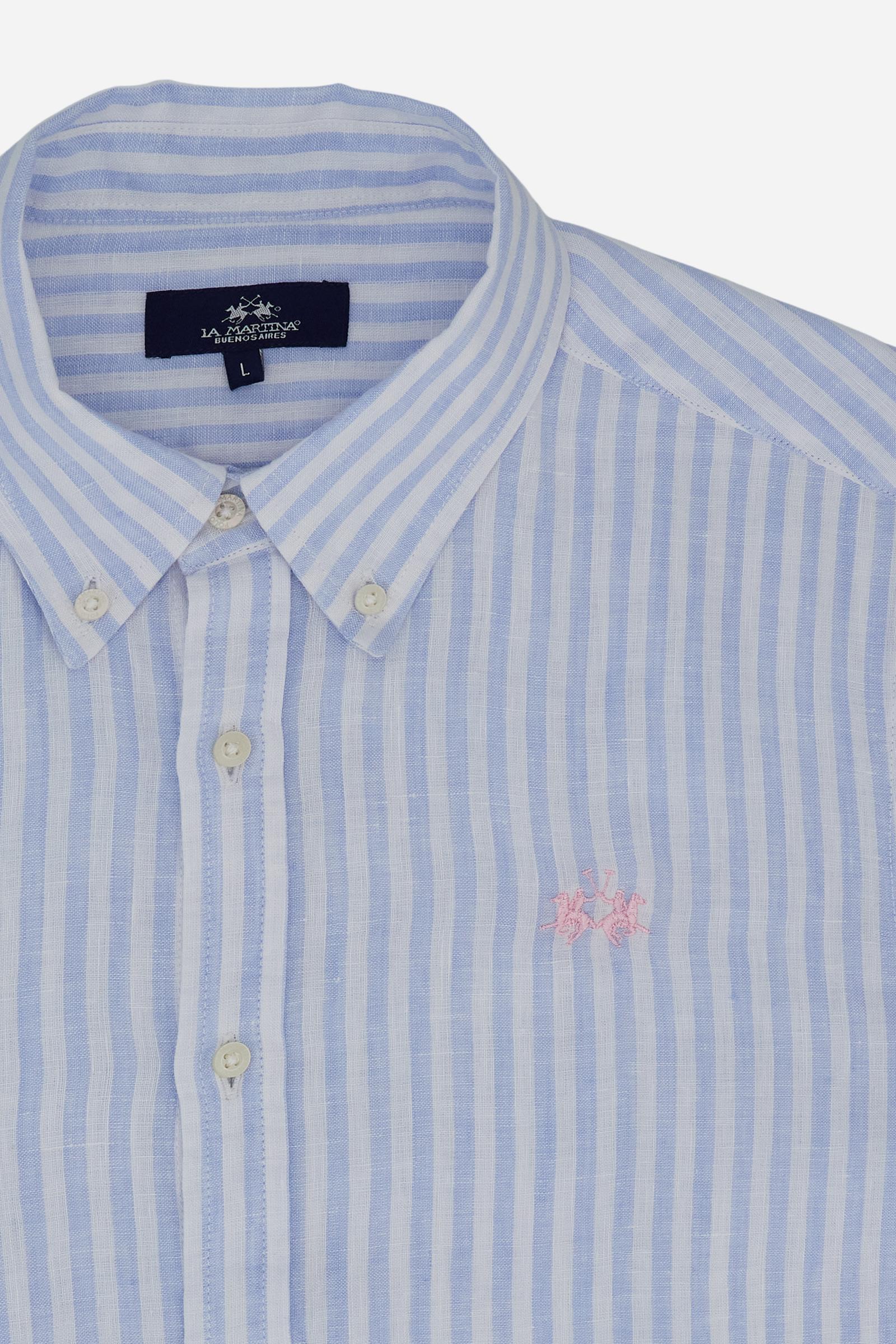 Men’s striped linen long-sleeve shirt with button-down collar. Regular fit and contrast embroidered logo on the chest. - Skyway/Optic White                                                                                                                                                                                                                                                                                                                                                                                     