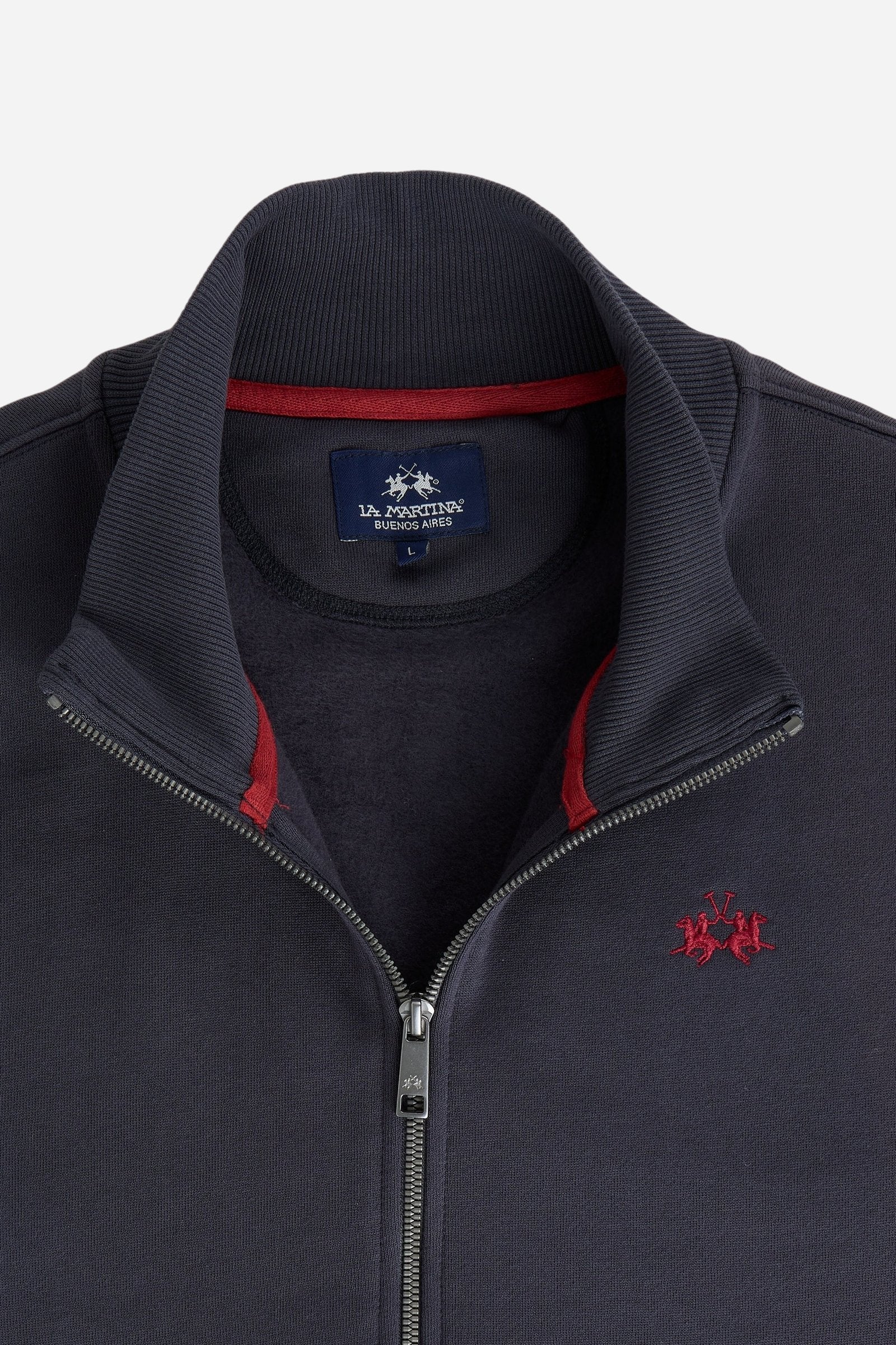 Men's 100% cotton fleece sweatshirt with a high collar, customized zipper, ribbed cuffs and hem, regular fit, and a subtle embroidered logo for comfort and style. - Navy Blazer