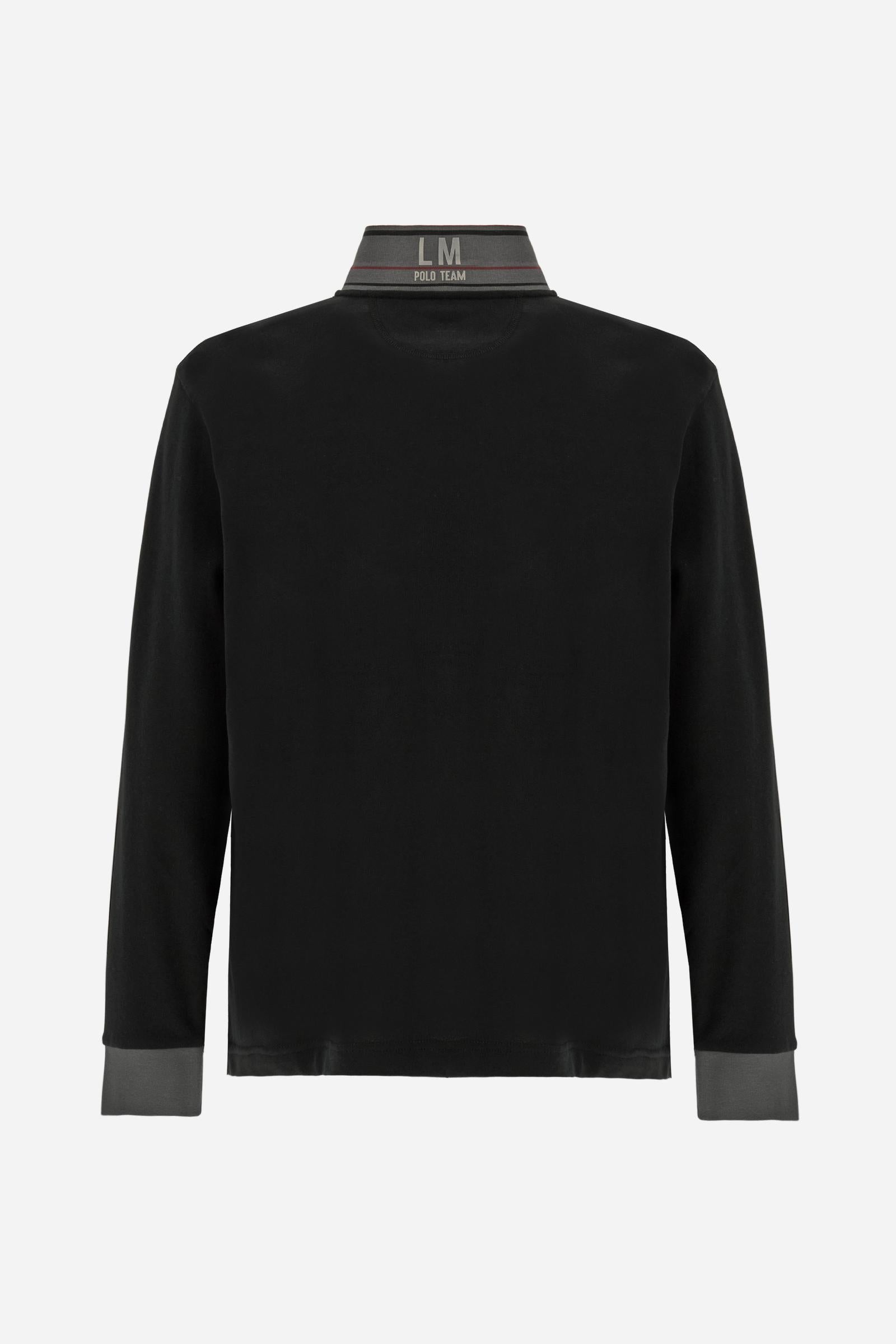 Men’s long-sleeve polo shirt in solid-colour cotton jersey with a warm, matte handfeel. Ribbed collar and cuffs with stripes and colour blocks in contrast, two personalised buttons and contrast details inside the collar. Patches and graphics on sleeves and chest celebrate the Official Polo Supplier team. The large multicolour logo is embroidered on the chest. Regular fit. The model wears size L. - Black