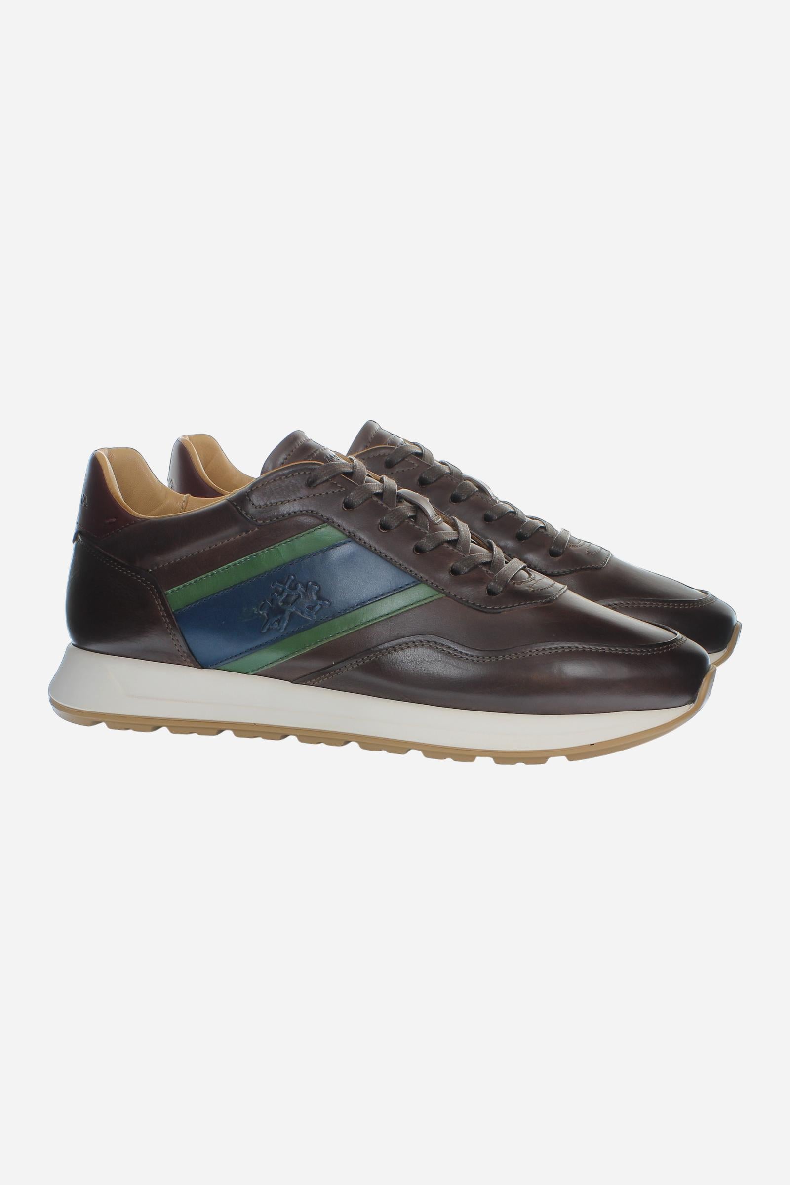 Men's sneaker combining calf and vegetable-tanned leather with artisanal stitching, branded logo, and high-cushioning rubber PU sole for lasting comfort and style. - Dark Brown