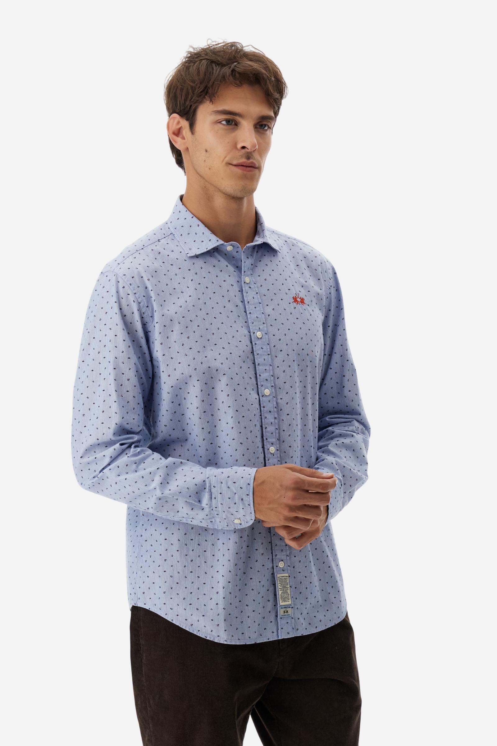 Men’s striped poplin shirt. Micro print contrast design with French collar and Argentina details inside collar. - Optic White/Navy