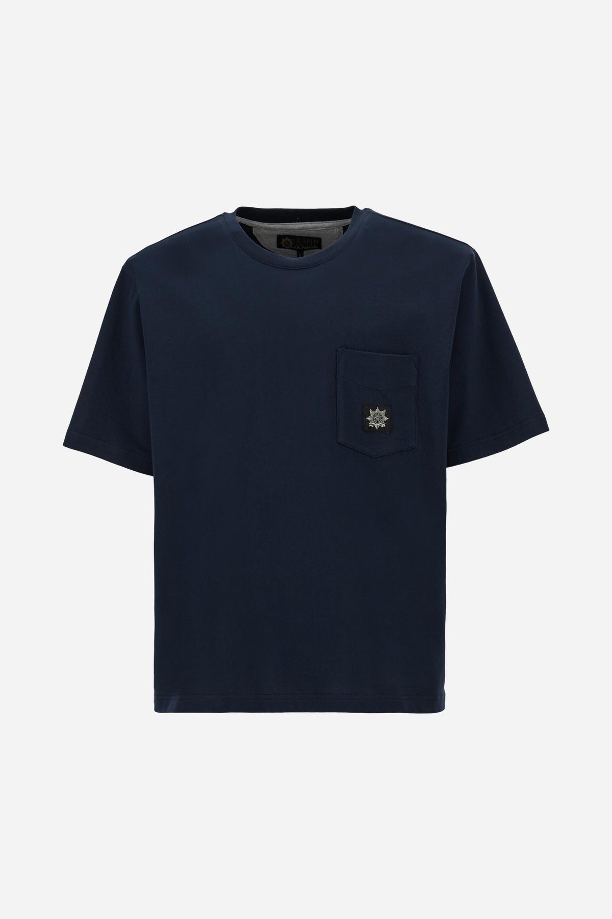 Men’s short-sleeve cotton jersey T-shirt. Crew-neck style with loose fit, chest pocket with personalised label and large multicolour Guards print on the back. - Navy