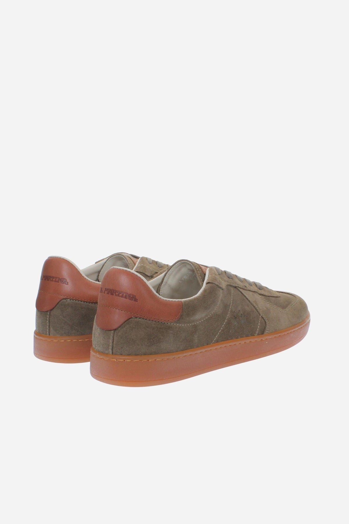Men's sneaker in soft treated suede with flexible fit, artisanal topstitching, honey rubber sole, and Strobel construction for comfort and refined Italian craftsmanship. - Taupe Gray