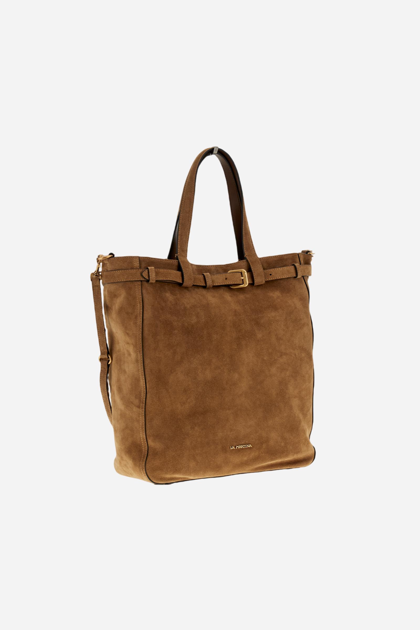 Large suede shopping bag with rectangular design, featuring handles, strap, and the brand’s iconic buckle and logo details. - MUD