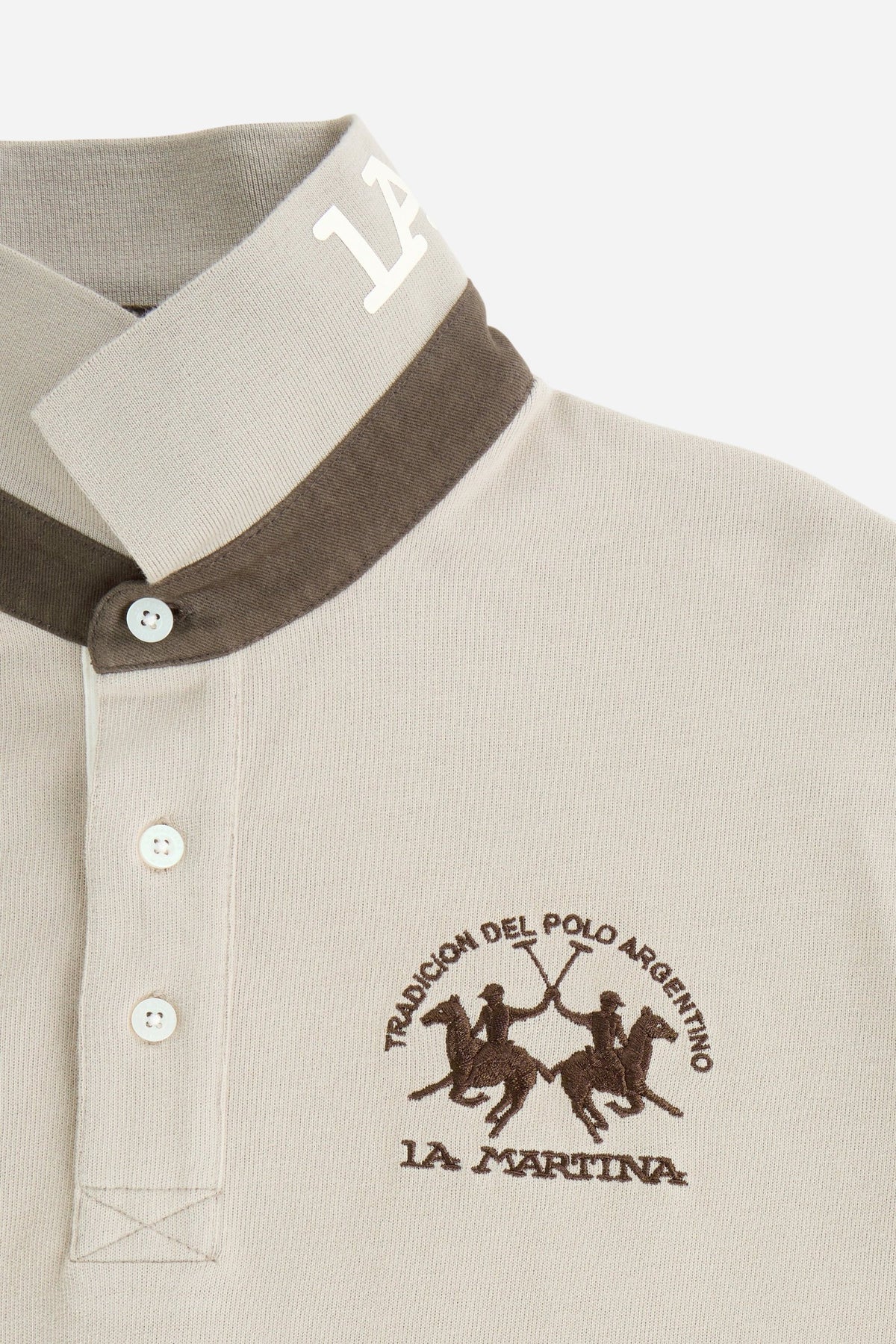 Men's long-sleeve polo in soft cotton jersey with contrasting gabardine collar, ribbed details, multicolor striped placket, and embroidered team logo for comfor - Vintage Khaki