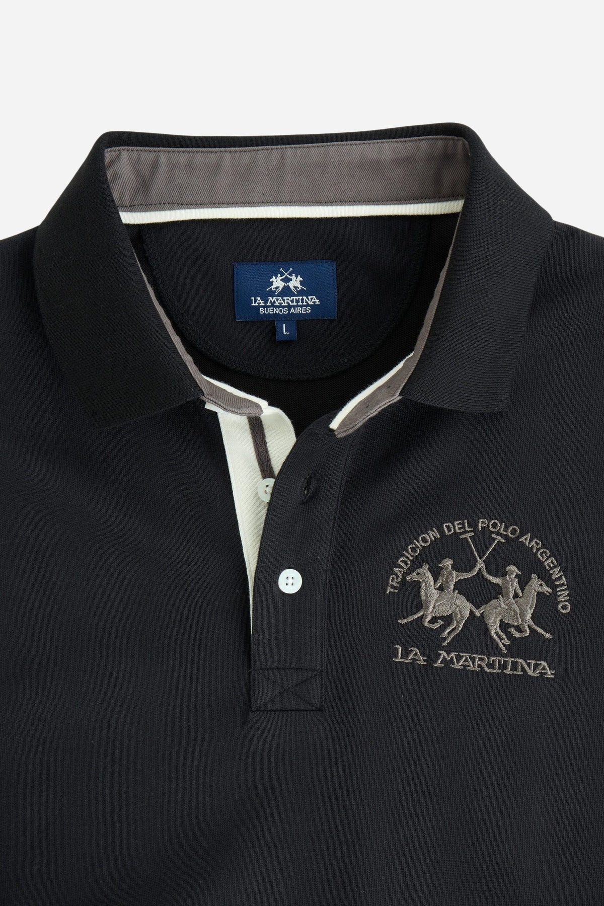 Men's long-sleeve polo in soft cotton jersey with contrasting gabardine collar, ribbed details, multicolor striped placket, and embroidered team logo for comfor - Black