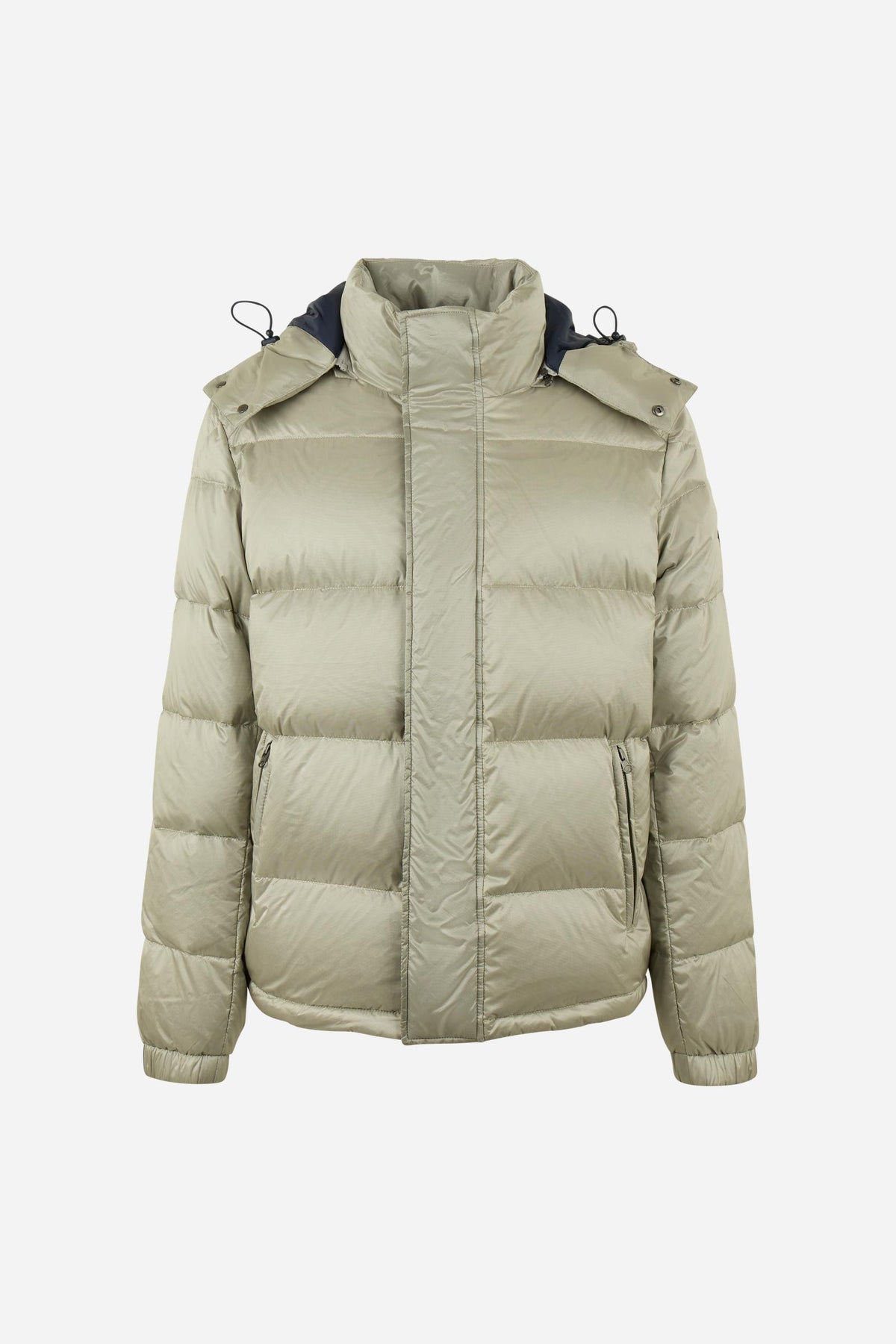 Men's padded feather bomber jacket with detachable hood, iridescent nylon, double zipper, snap buttons, adjustable drawstring, zippered pockets, and embroidered logo. - Pristine
