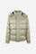 Men's padded feather bomber jacket with detachable hood, iridescent nylon, double zipper, snap buttons, adjustable drawstring, zippered pockets, and embroidered logo. - Pristine