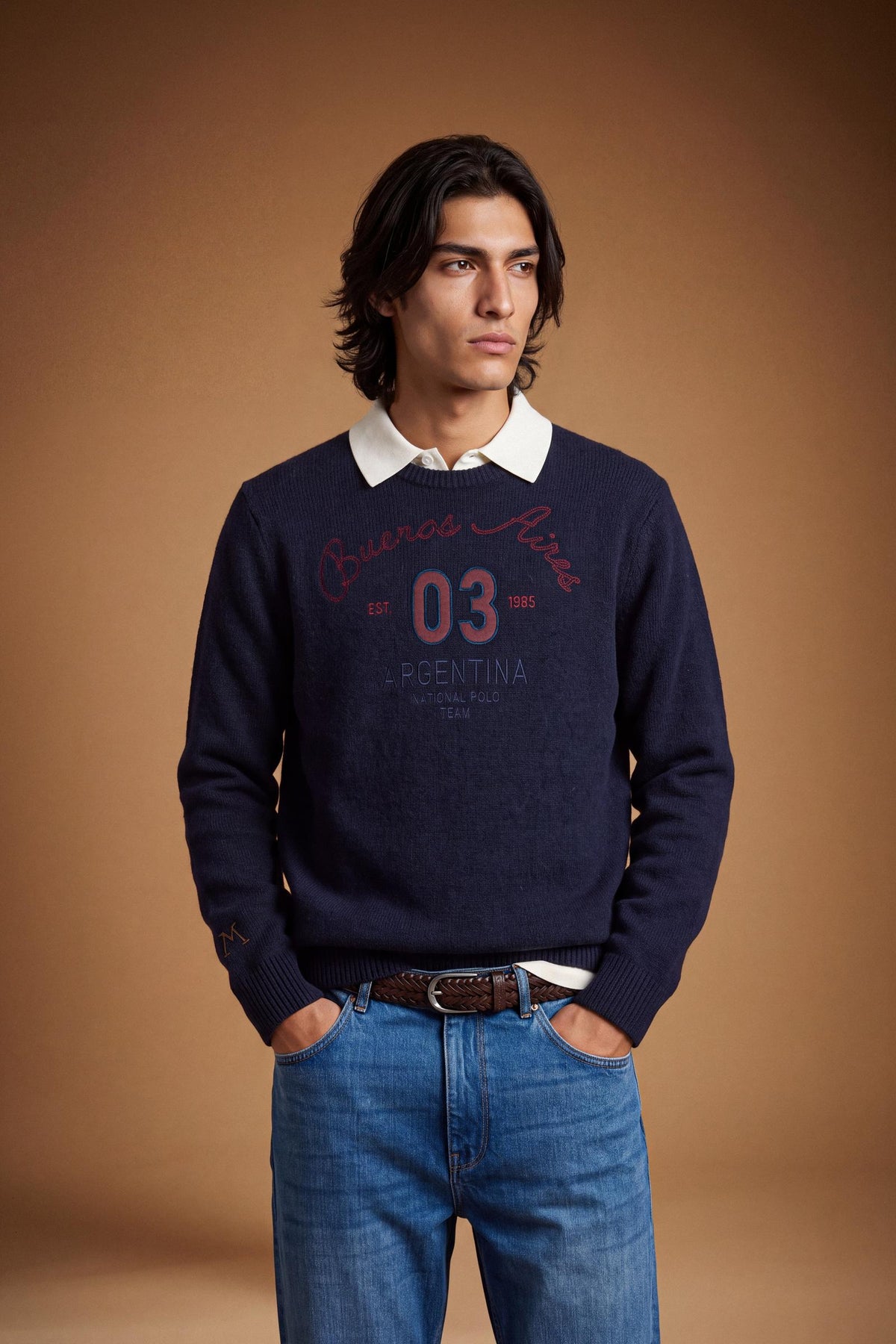 Men’s long-sleeve sweater with lambswool and alpaca blend for warmth and softness, featuring relaxed fit, wide sleeves, ribbed crew neck, and detailed embroidered design. - Navy