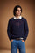 Men’s long-sleeve sweater with lambswool and alpaca blend for warmth and softness, featuring relaxed fit, wide sleeves, ribbed crew neck, and detailed embroidered design. - Navy