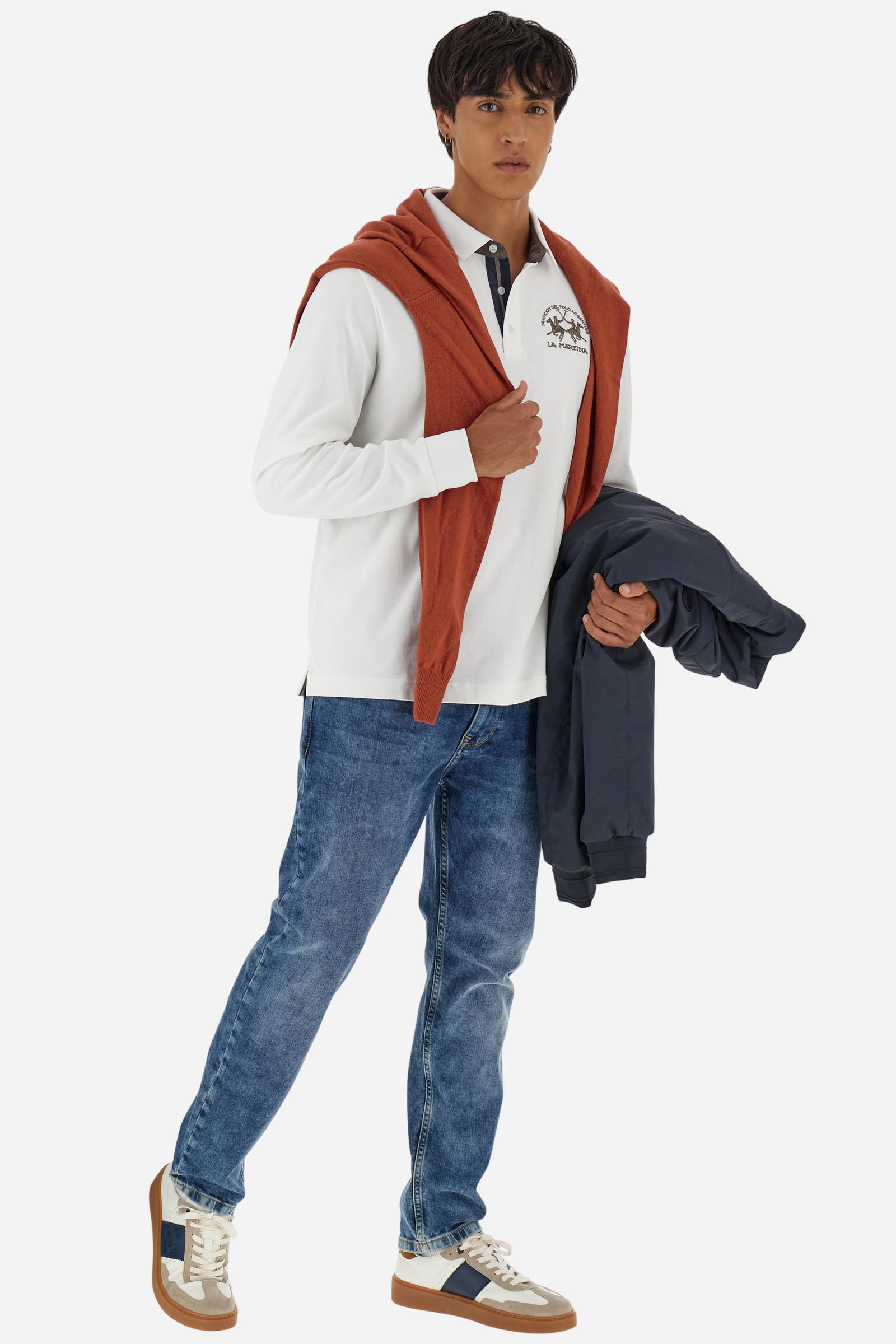 Men’s long-sleeve polo in premium soft-touch cotton jersey for a luxurious feel on the skin. Contrast gabardine details on the collar. Upper collar in tone-on-tone ribbing with printed La Martina lettering undercollar. Three customized buttons, enhanced by a multicolor striped tape on the placket. Contrast embroidered team logo on the chest. Regular fit. Model wears size L. - Off White