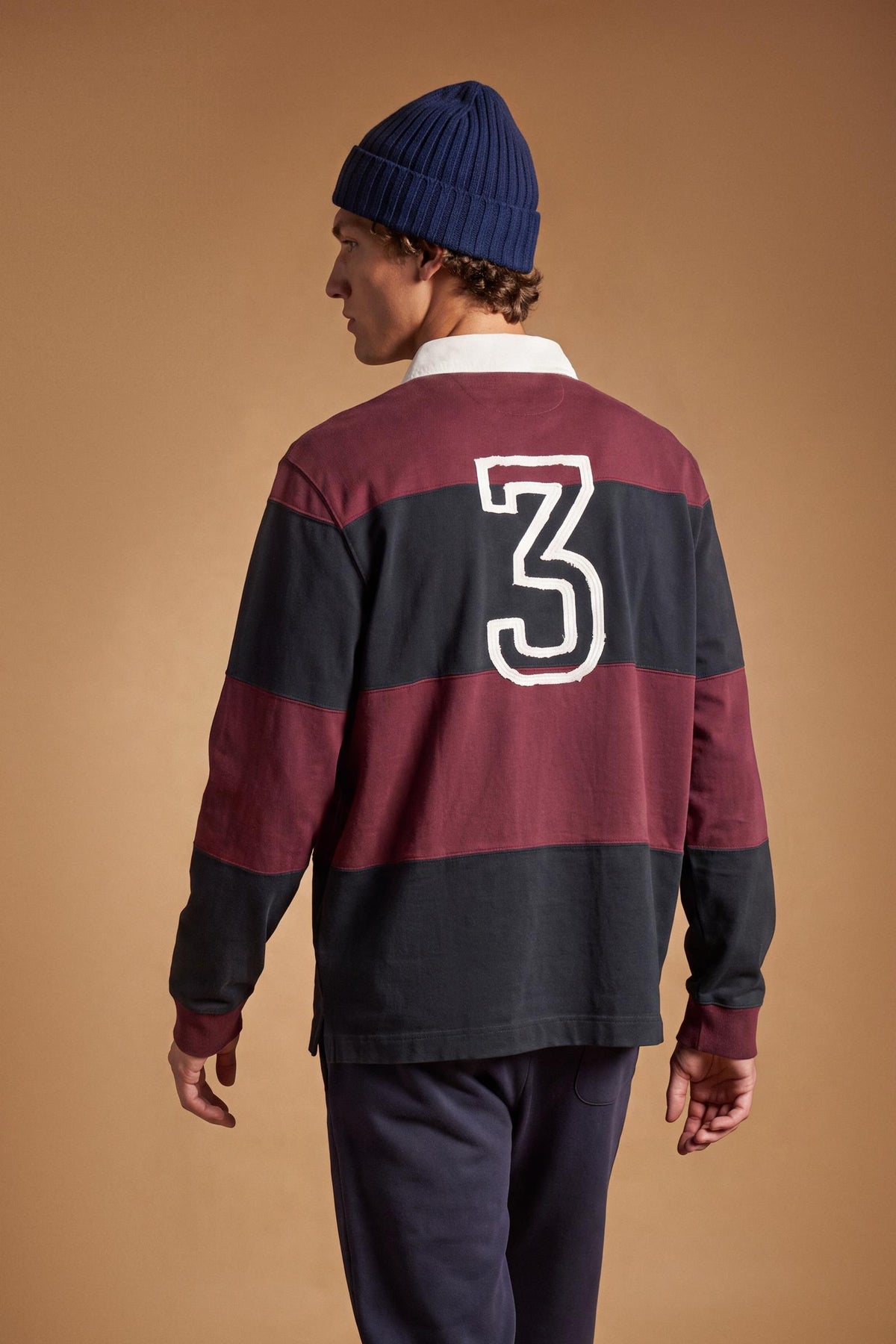 Men's long-sleeve polo made from heavy 100% cotton with a modern fit, dropped shoulders, wide rugby stripes, contrasting gabardine collar, and bold logo details. - Port Royale/Navy Bla