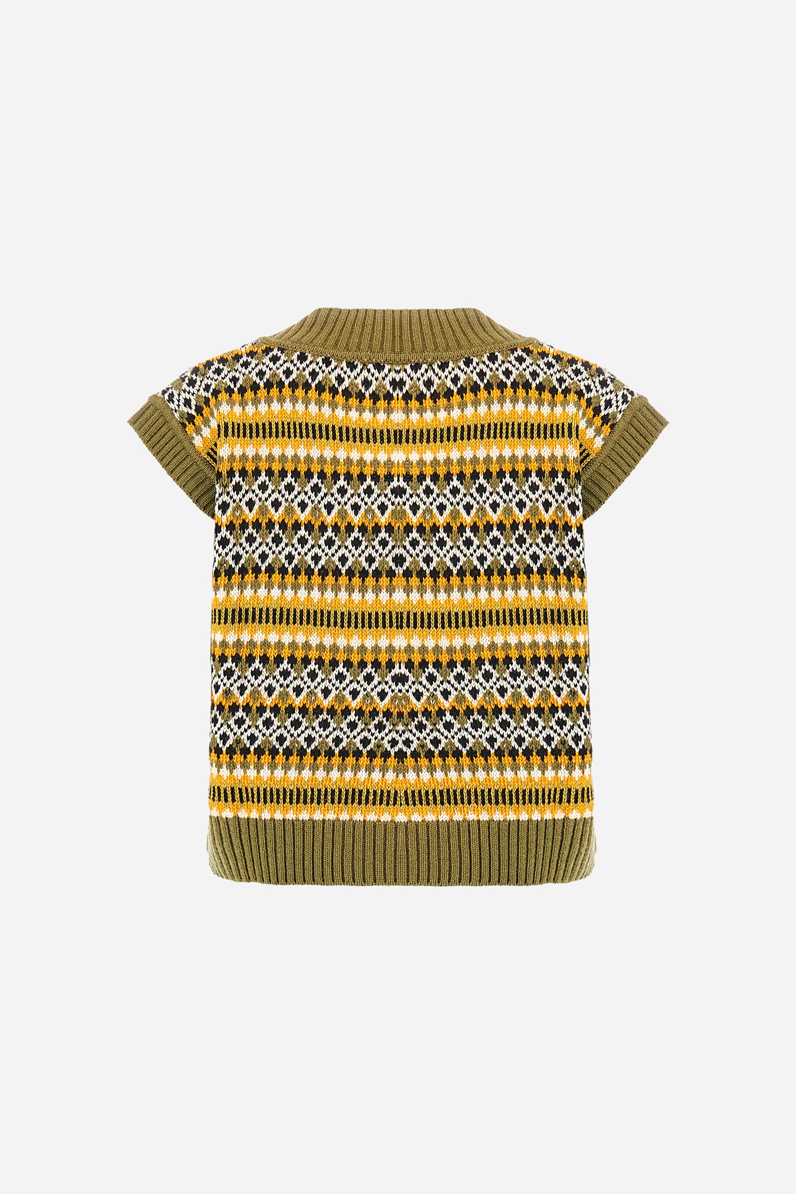 Women’s vest in lambswool blend with deep V-neck, ribbed hem and armholes. Body featuring a lively multicolour jacquard horizontal stripe pattern. Short, straight cut for a modern and comfortable look. Logo on faux leather label applied to the front hem. The model wears size 2. - Olive Branch