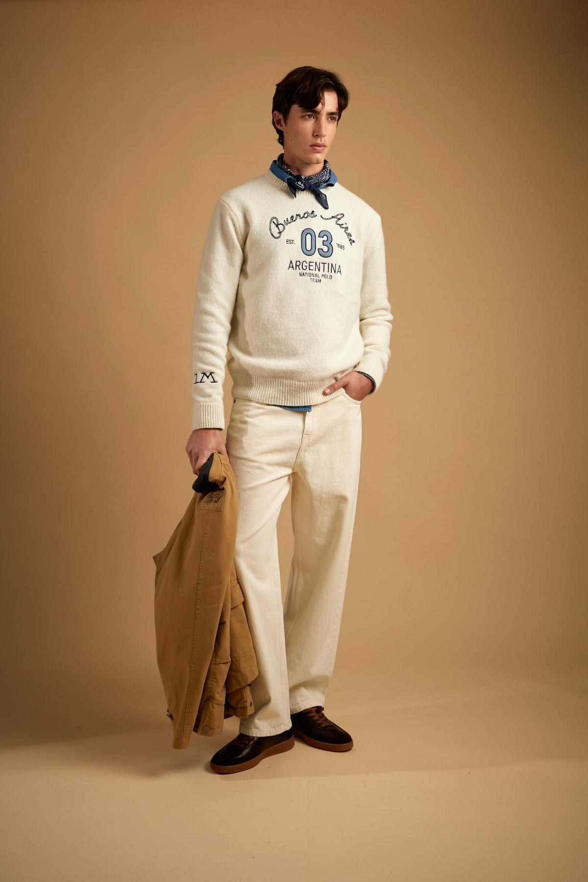 Men's crew neck sweater with alpaca blend, striped Argentina - Elmer