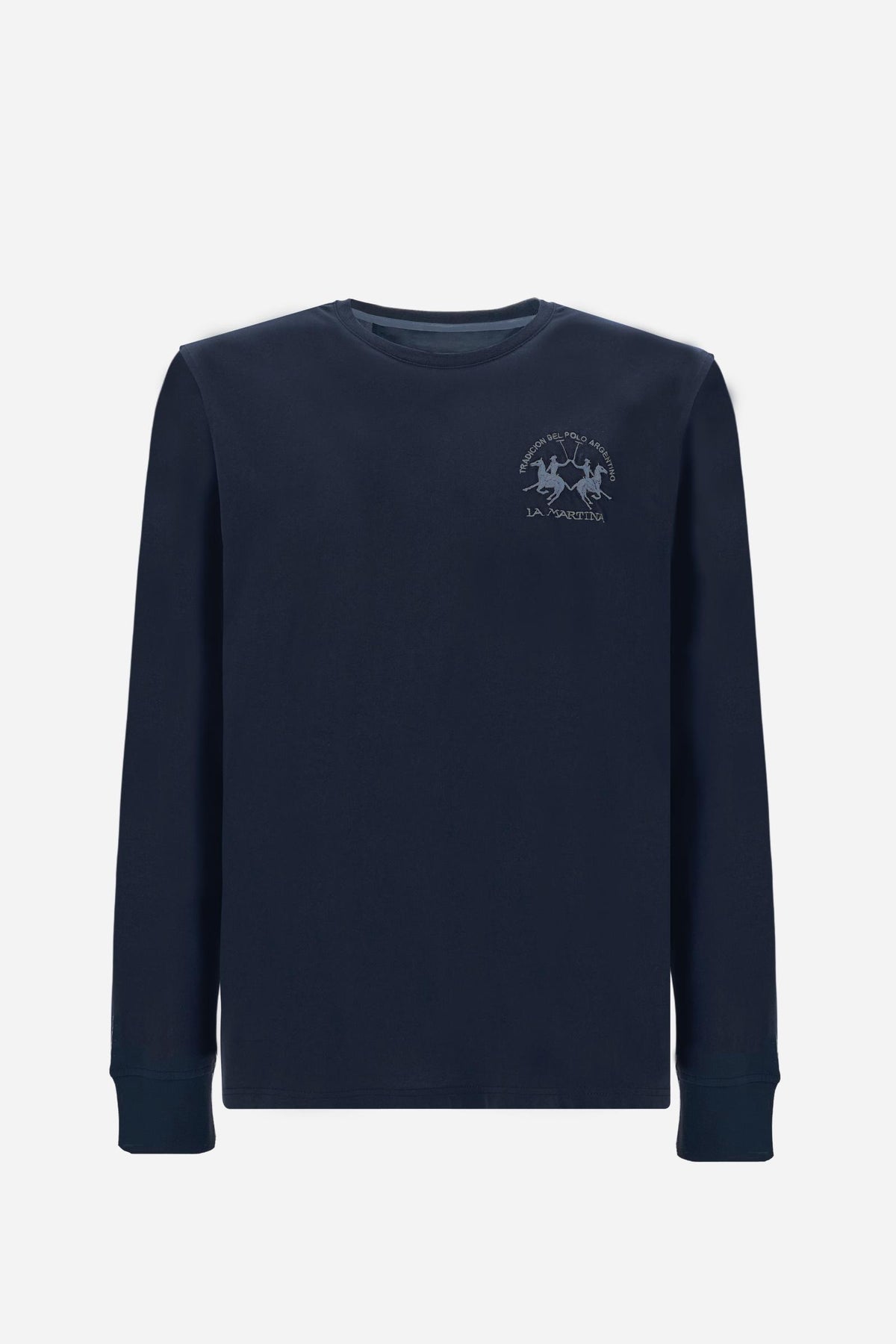 Long-sleeve 100% cotton jersey T-shirt with ribbed crew neck and cuffs, featuring a contrasting embroidered team logo. Regular fit for all-day comfort. - Navy Blazer