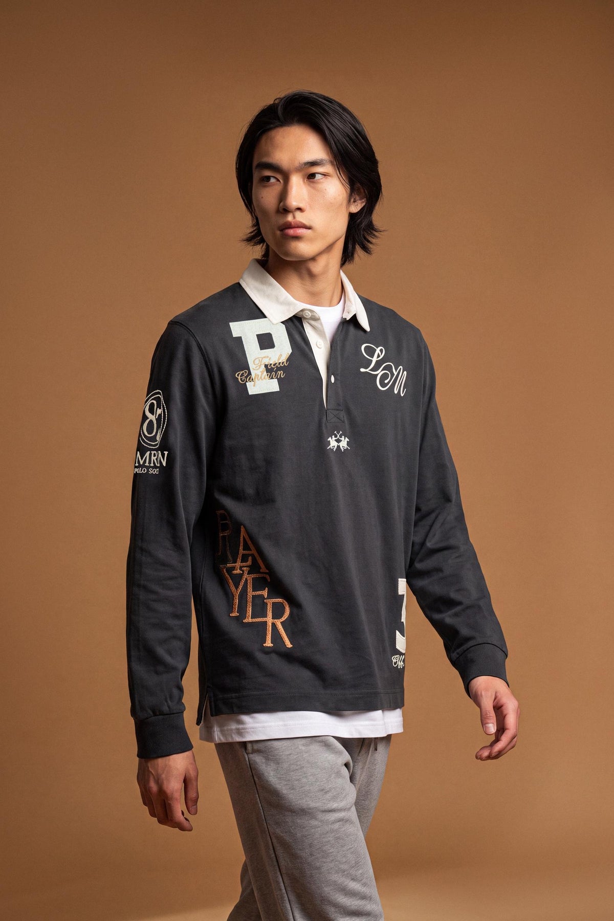 Men's long-sleeve polo in heavy 100% cotton jersey with contrasting collar, ribbed cuffs, embroidered details, and a relaxed contemporary fit for modern comfort. - Navy Blazer