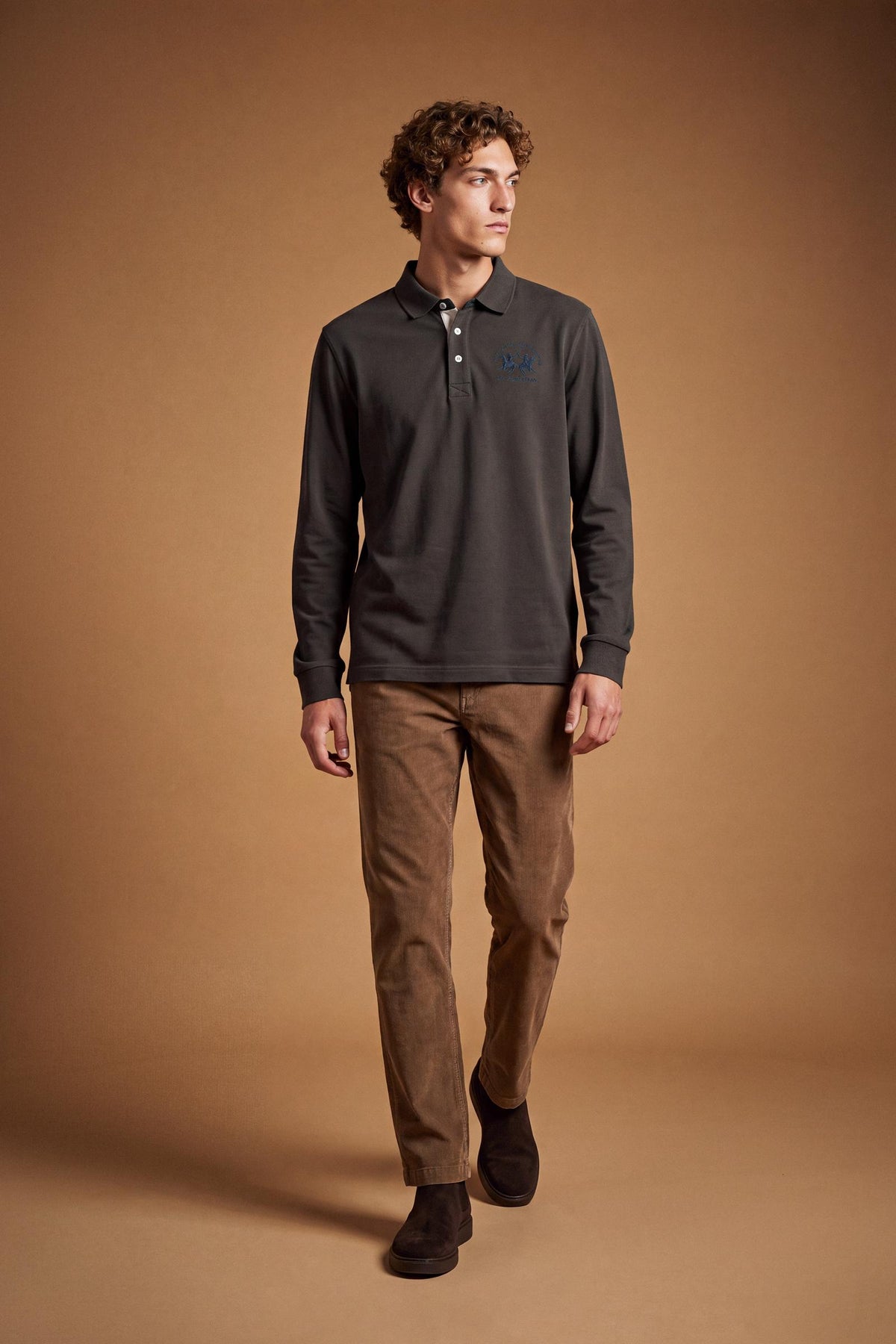 Men's long-sleeve polo in soft cotton jersey with contrasting gabardine collar, ribbed details, multicolor striped placket, and embroidered team logo for comfor - Hot Fudge