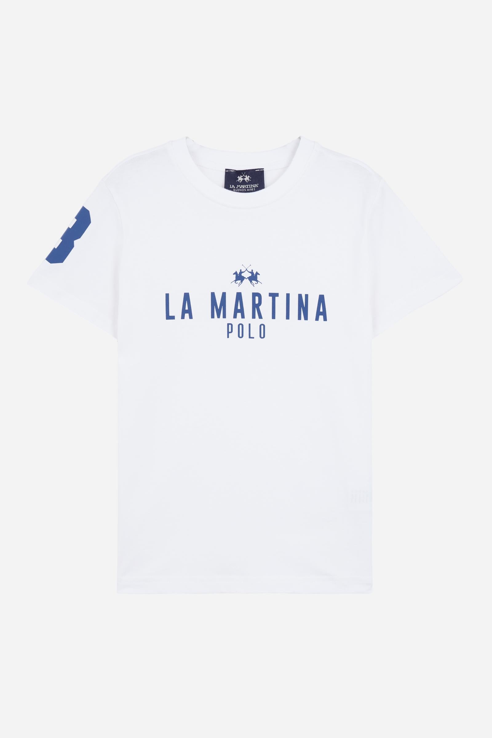 Short-sleeved T-shirt for boys made from 100% cotton jersey in a solid colour. The style features a regular fit, straight line and tonal ribbed crew neck. The brand’s Iconic graphics, printed in contrast on the chest and sleeve, give the garment a sporty and recognisable style. A versatile T-shirt, perfect for completing seasonal casual looks. - Optic White