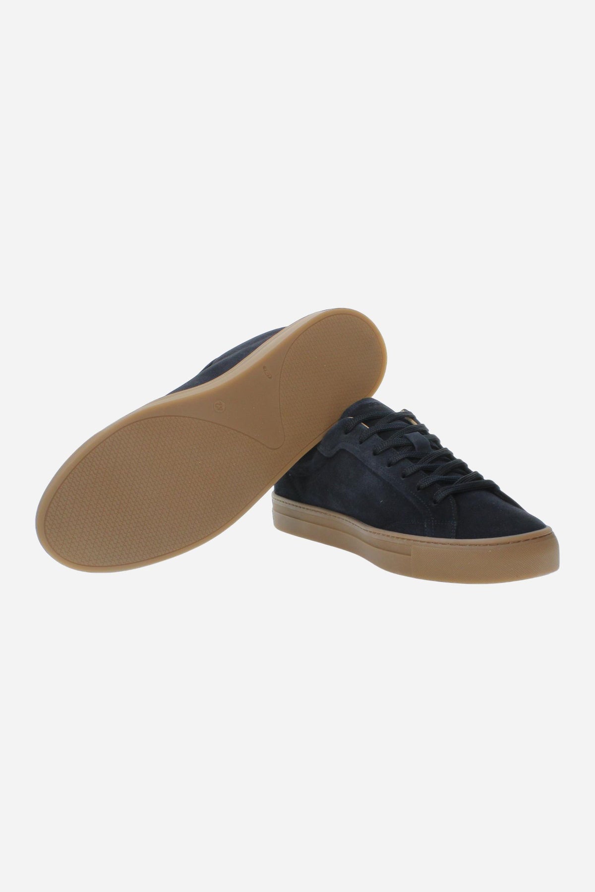 Men’s suede sneaker with flexible two-part leather tongue, hand-stitched embossed logo, amber rubber sole, and lightweight Strobel construction for all-day comfort. - Salute