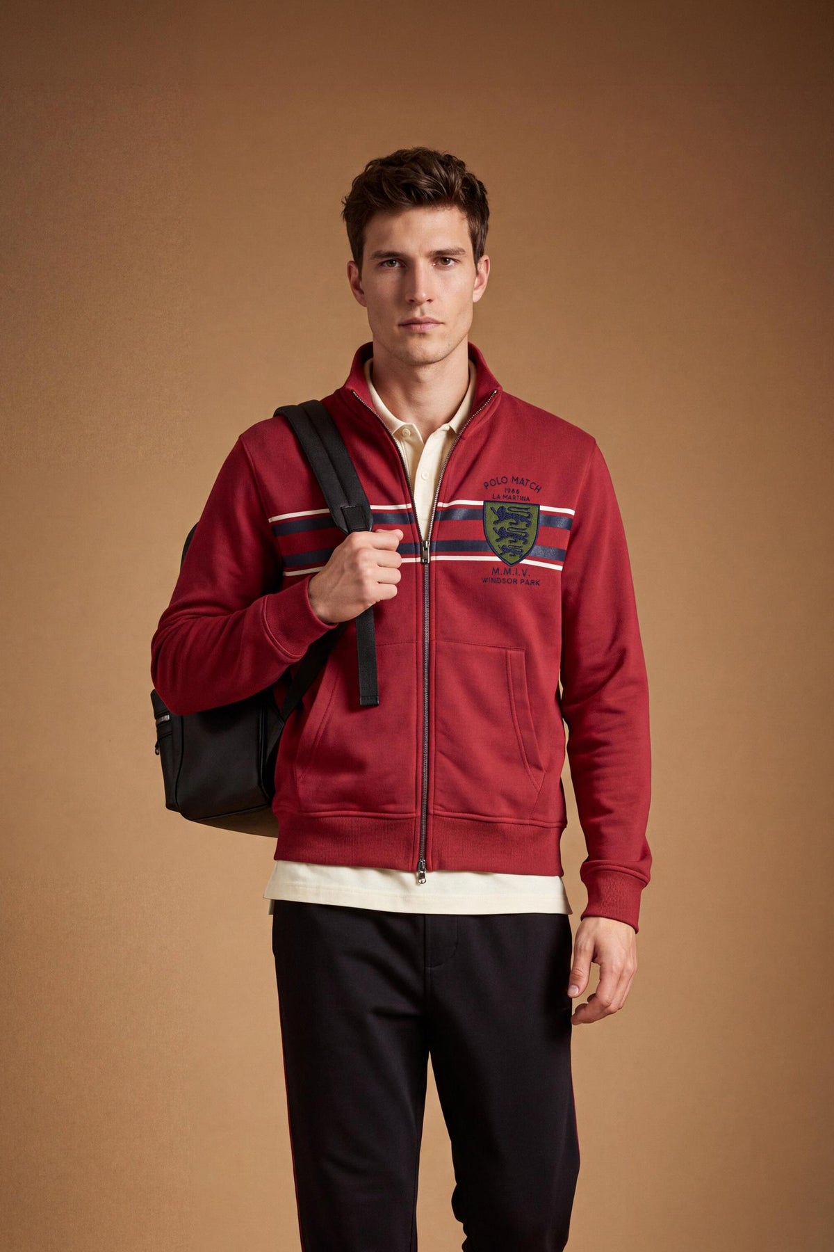 Men's long-sleeve sweatshirt in soft cotton with high double-layer collar, front zipper, ribbed cuffs, kangaroo pockets, and striking red, black, white stripes. - Red Dahlia