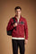 Men's long-sleeve sweatshirt in soft cotton with high double-layer collar, front zipper, ribbed cuffs, kangaroo pockets, and striking red, black, white stripes. - Red Dahlia
